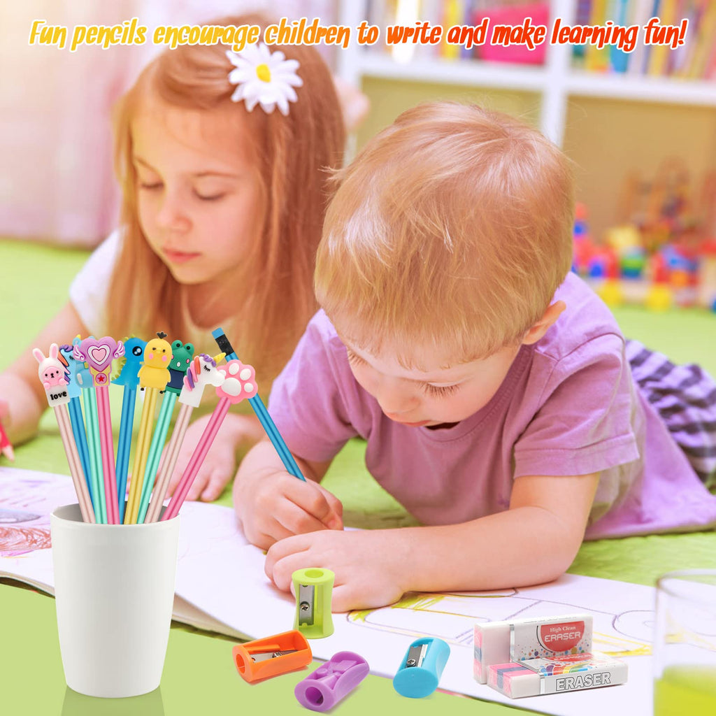 48 Pieces Pencils For Kids, Fun Pencils For Kids,Bulk Pencils With Cute Animal Toppers,Erasers,Pencil Sharpeners for School Office Classroom Party Reward Supplies