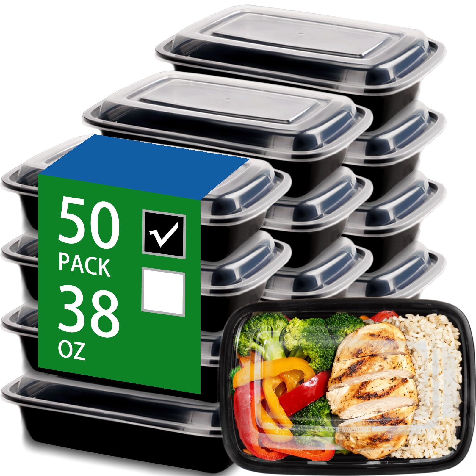 Meallax 50 Pack Black Food Containers with Lids, 38 oz Large Plastic Take Out Containers, Reusable Meal Prep Containers for Food Storage,Disposable Containers for Lunch and Restaurant
