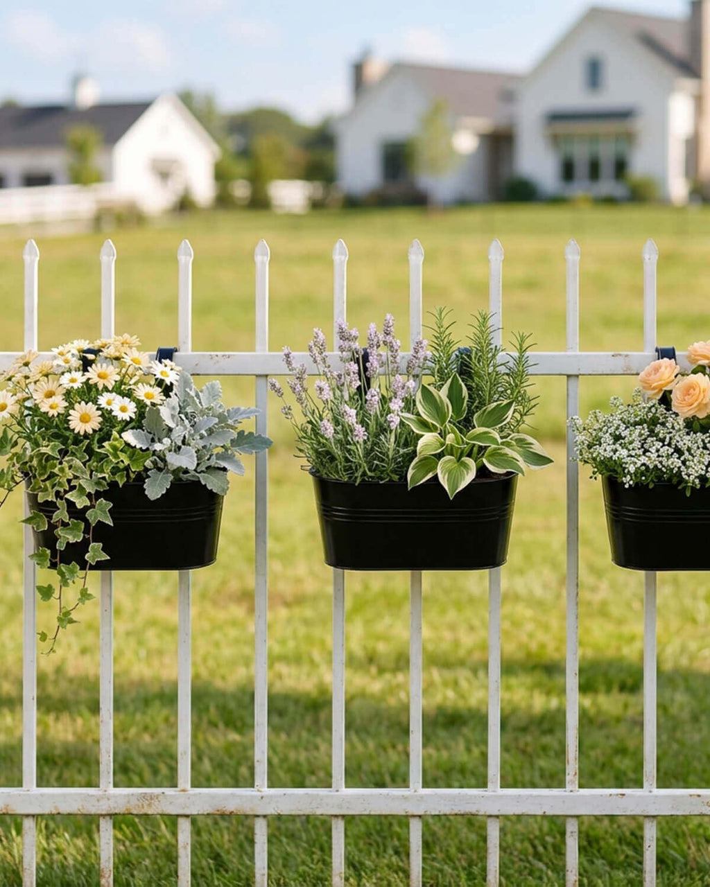 vensovo Metal Railing Planter for Outdoor Plants - 3 Pack Balcony Hanging Planter Box with Detachable Hooks and Drain Holes Oval Hanging Pots Fence Planters for Railing Garden Fence, Black