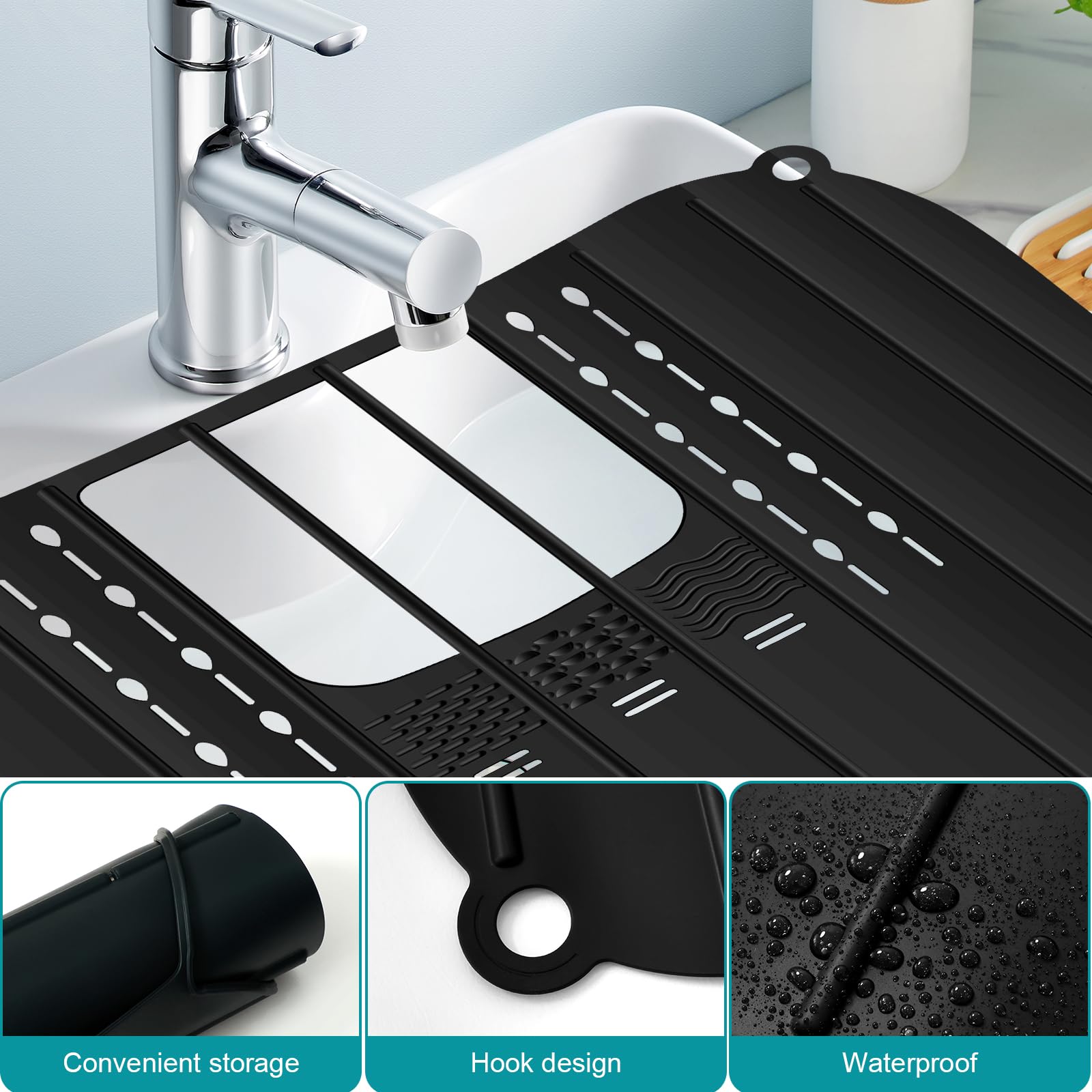 57×42cm Bathroom Sink Cover for Counter Space, Heat Resistant Silicone Sink Top Mat, Foldable Sink Top Cover Multifunctional Sink Makeup Mats for Cosmetics, Skincare Products, Hair Dryer (black)