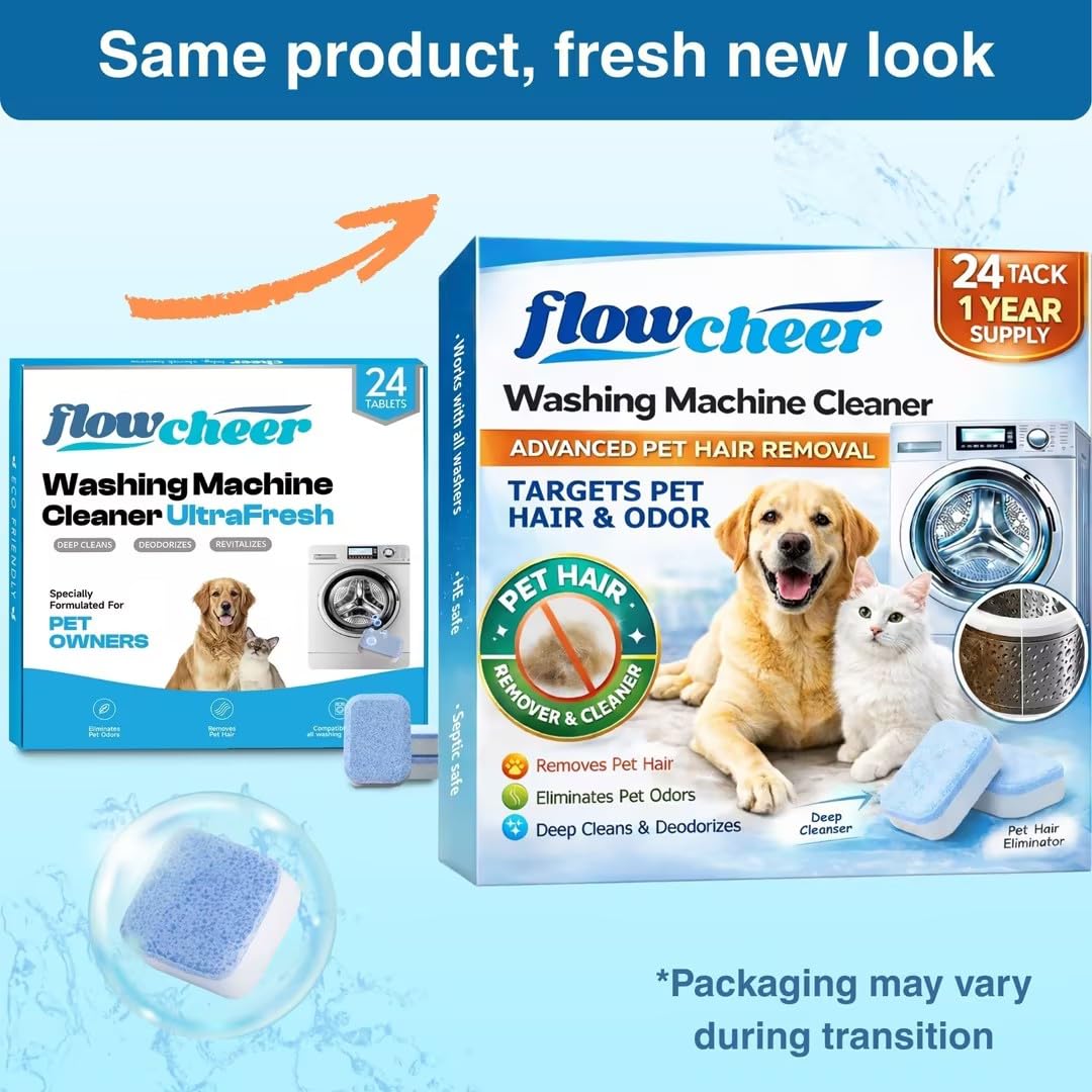 flowcheer Washing Machine Cleaner for Pet Hair, Laundry Machine Cleaner Tablets -Targets Pet Hair & Odor, 24 Pack Advanced Removal Tablets Septic-Safe -1 Year Supply