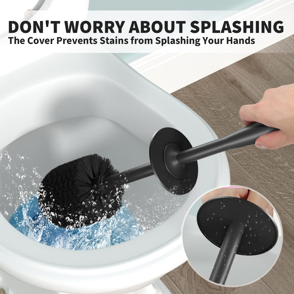 UPTRONIC Toilet Brush, Toilet Bowl Brush with Extra Long Handle Durable Bristles Toilet Scrubber and Covered Holder for Toilet Brush Set for Bathroom Cleaning (Black-02)