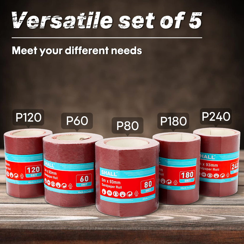 SHALL Sandpaper Roll Set 5 Rolls, 9.3cm x 5m, Aluminum Oxide Sandpaper for Woodworking, 60/80/120/180/240 Grit, Aluminium Oxide Abrasive Sanding Paper, for Sanding, Polishing and Rust Removal