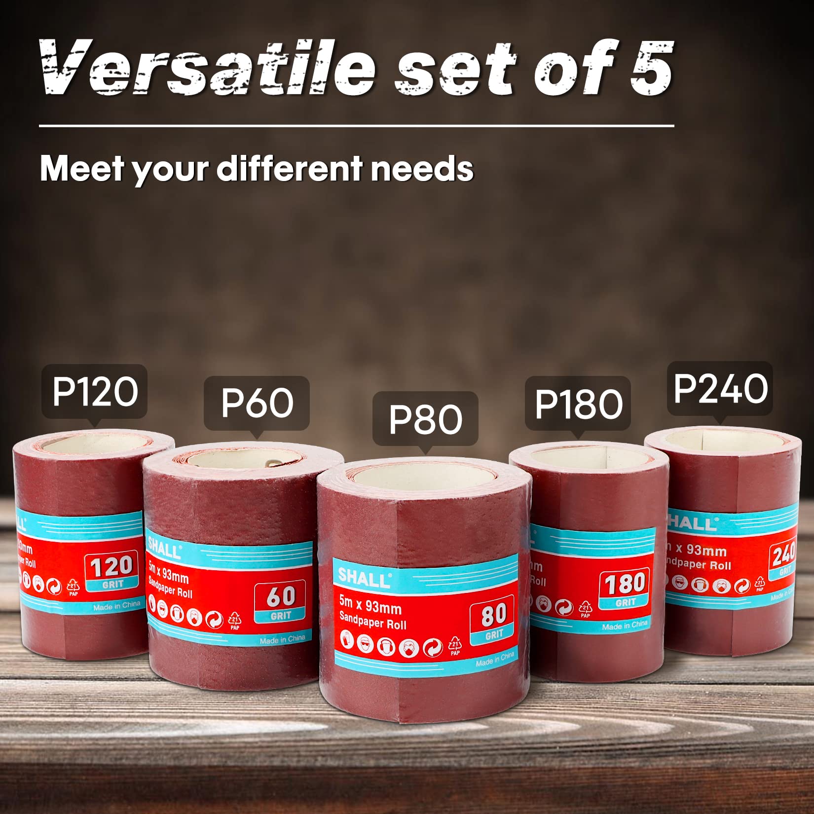 SHALL Sandpaper Roll Set 5 Rolls, 9.3cm x 5m, Aluminum Oxide Sandpaper for Woodworking, 60/80/120/180/240 Grit, Aluminium Oxide Abrasive Sanding Paper, for Sanding, Polishing and Rust Removal