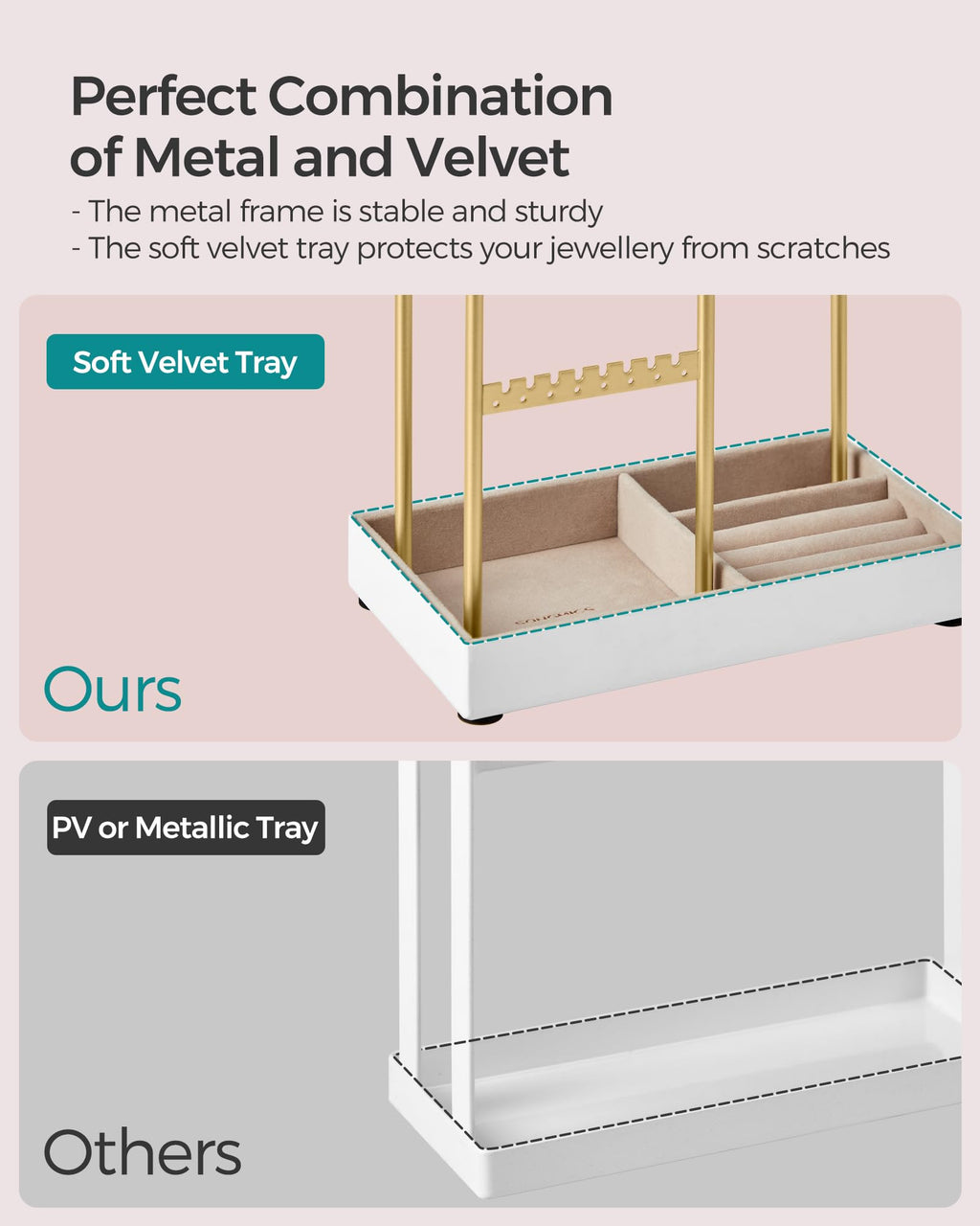 SONGMICS Jewelry Holder, Jewelry Organizer, Jewelry Display Stand with Metal Frame, Pale Gold UJJS021A01