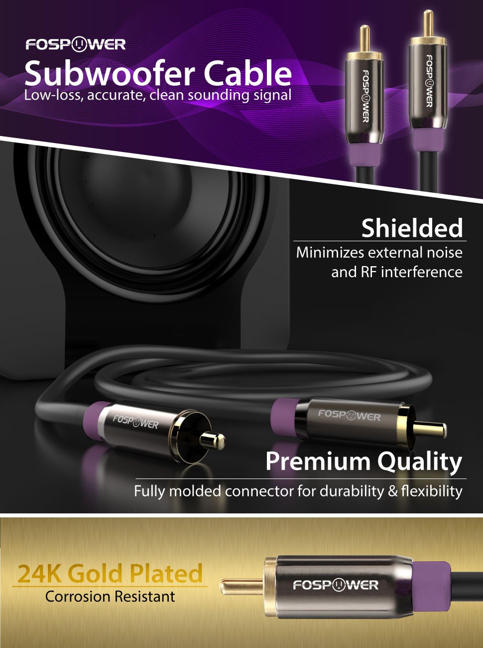 FosPower Subwoofer Cable (15 FT / 4.7 M) RCA to RCA Audio Stereo Cable, Male to Male - Dual Shielded Cord | 24K Gold Plated Connector | Corrosion Resistant | Clean Sounding Signal