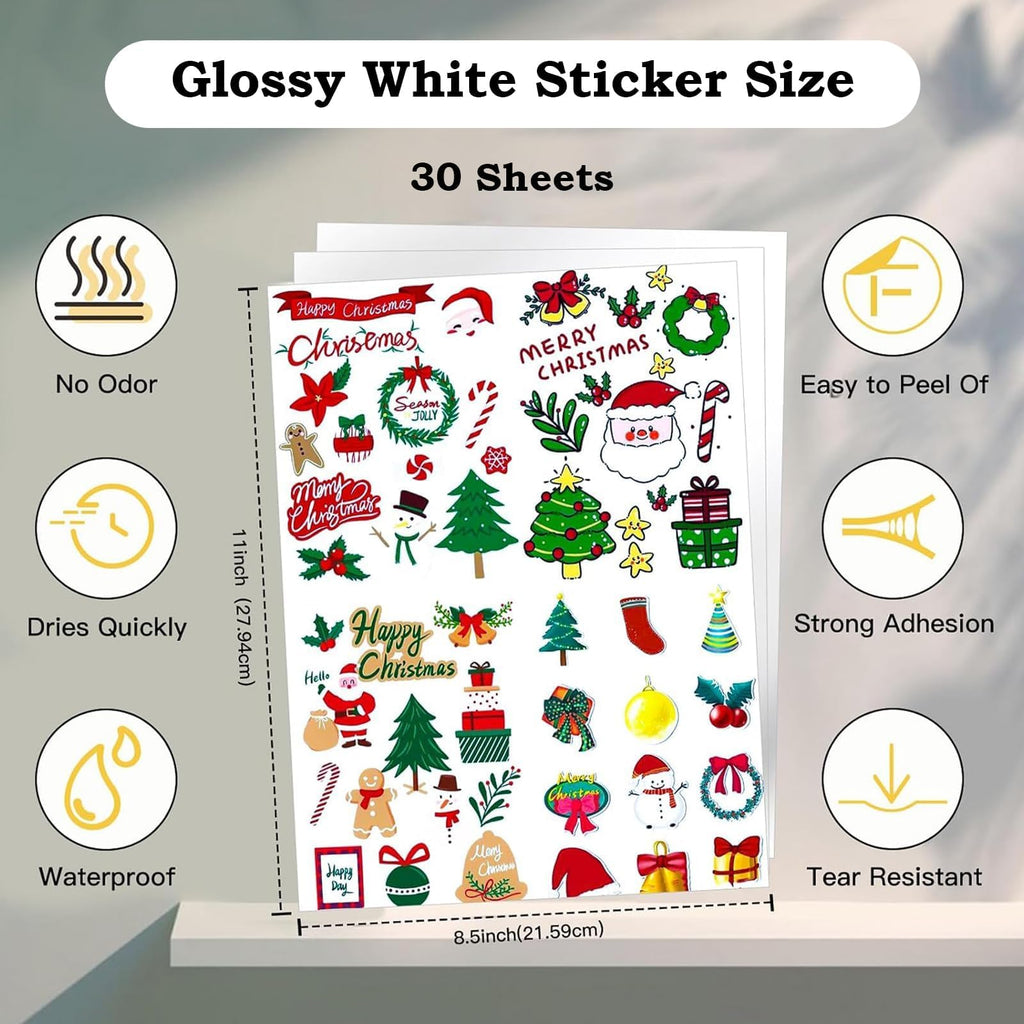 Printable Vinyl Sticker Paper for Inkjet Printer-35 Sheets Glossy White 8.5" x 11" Waterproof Labels Paper, Dries Quickly, Vivid Colors, Tear Resistant, DIY Christmas Stickers