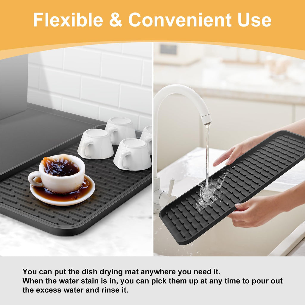 Silicone Coffee Mat,24''x16'' Coffee Bar Mat with Detachable Dish Drying Mat for Kitchen Countertops,Coffee Bar Accessories Fit Under Coffee Maker Coffee Machine Coffee Pot Espresso Machine Dish Rack