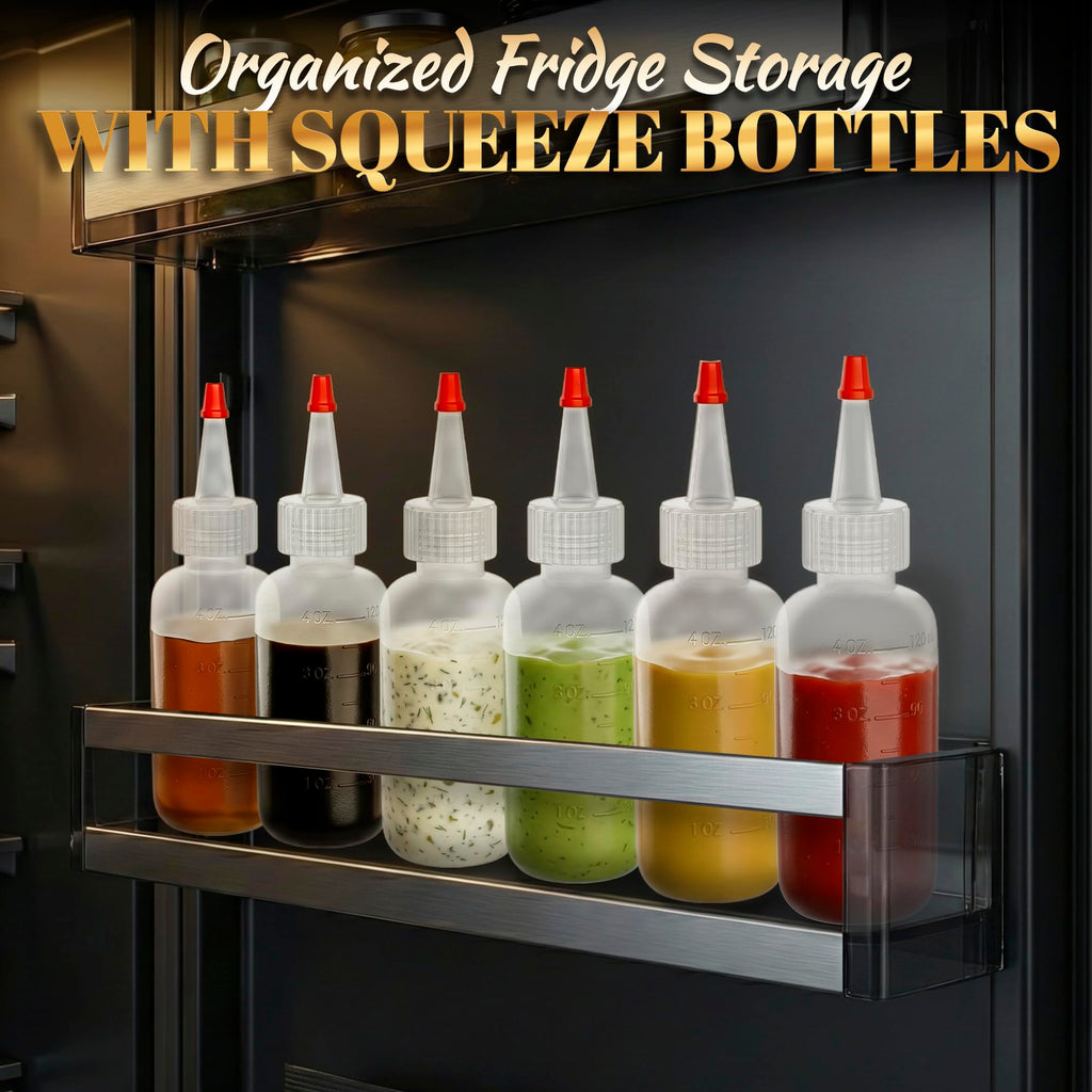 6 Pcs Small Squeeze Bottles for Liquids – 4oz Clear Small Squeeze Bottle for Sauces, Oils, Salad Dressing, Ketchup, Mustard, Pancake Batter, Dishwasher Safe – Precise Dispensing for Cooking and Crafts