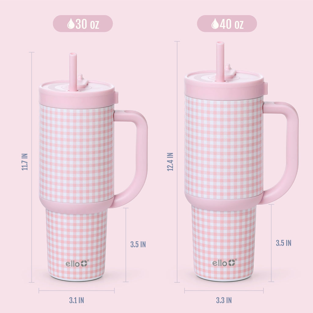 Ello Oasis 30 oz Tumbler with Handle & Retracting Straw | Reusable Insulated Stainless Steel Cup 100% Leakproof, Gifts for Teens Women Men | Keeps Cold for 24 Hours, Cup Holder Friendly, Pink Gingham