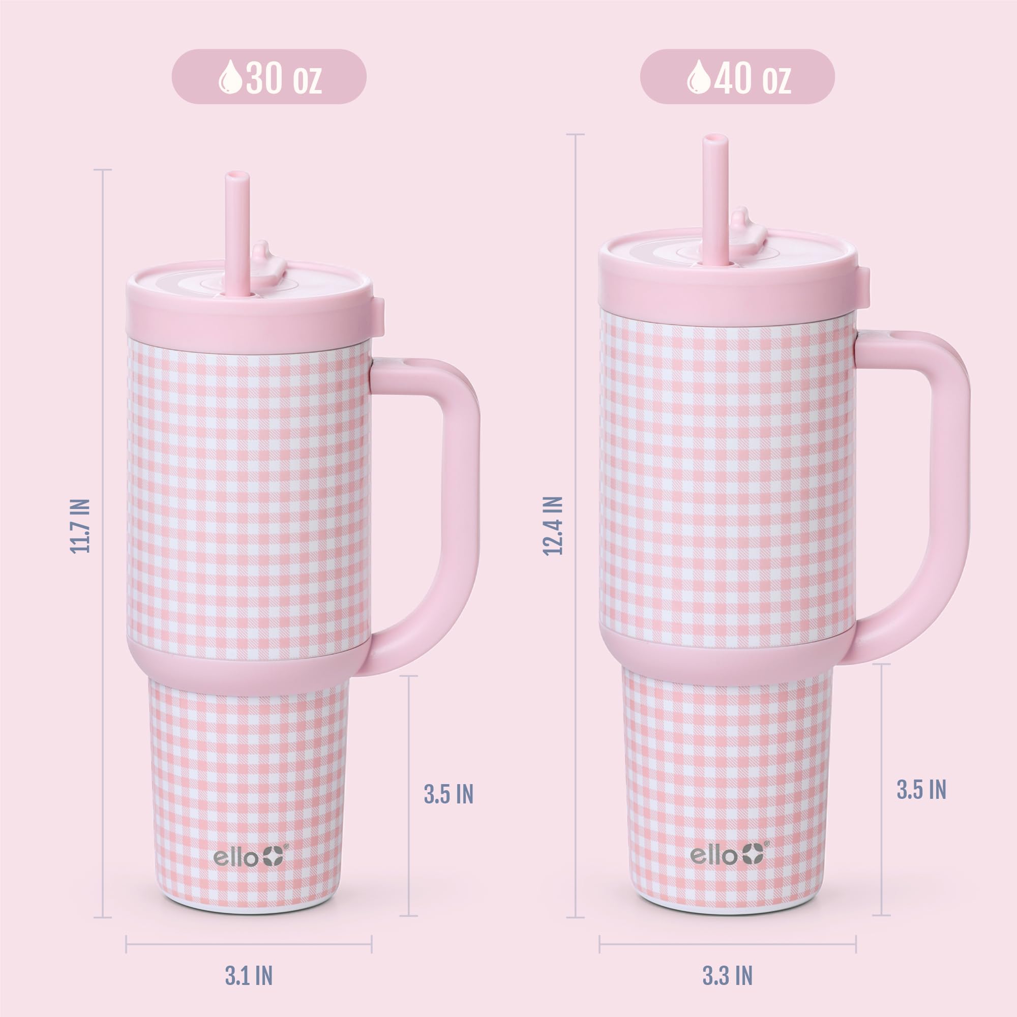 Ello Oasis 30 oz Tumbler with Handle & Retracting Straw | Reusable Insulated Stainless Steel Cup 100% Leakproof, Gifts for Teens Women Men | Keeps Cold for 24 Hours, Cup Holder Friendly, Pink Gingham