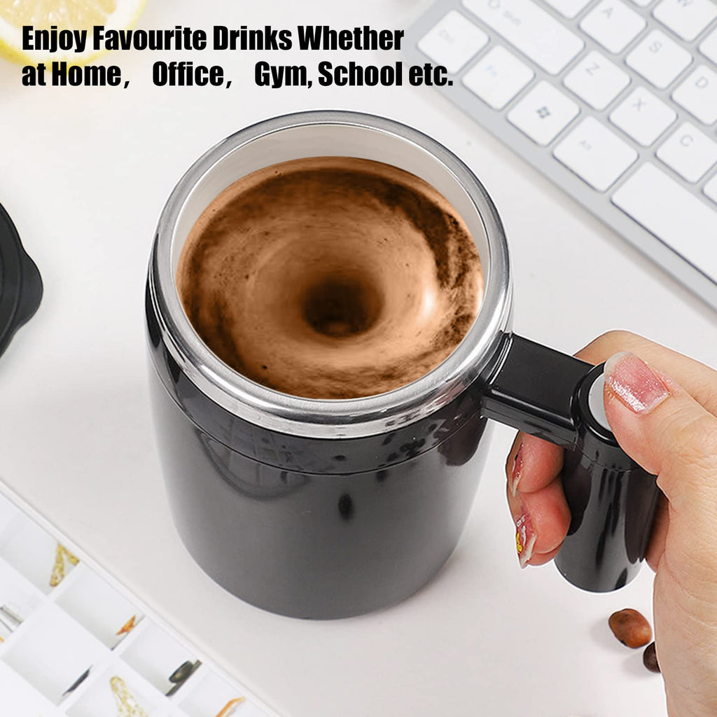 FCSWEET Self Stirring Mug,Rechargeable Auto Magnetic Coffee Mug with 2Pc Stir Bar,Waterproof Automatic Mixing Cup for Milk/Cocoa at Office/Kitchen/Travel 14oz Best Gift - Black