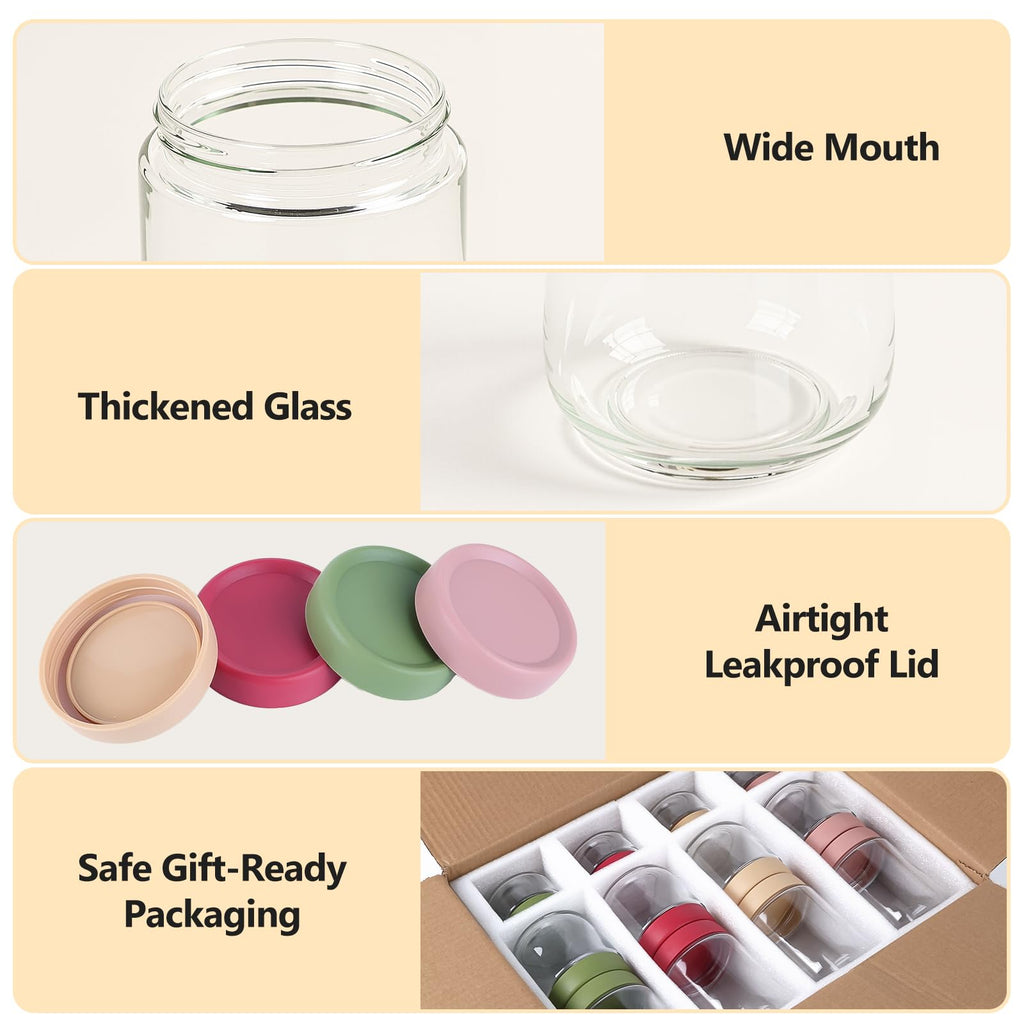 TBWIND 12 Pack 4oz 10oz 16oz Glass Jars with Lids, Wide Mouth Mason Jars, Overnight Oats Containers with Airtight Lids, Salad, Yogurt Storage, Chia Pudding, Snacks, Meal Prep, Sugar - Reusable