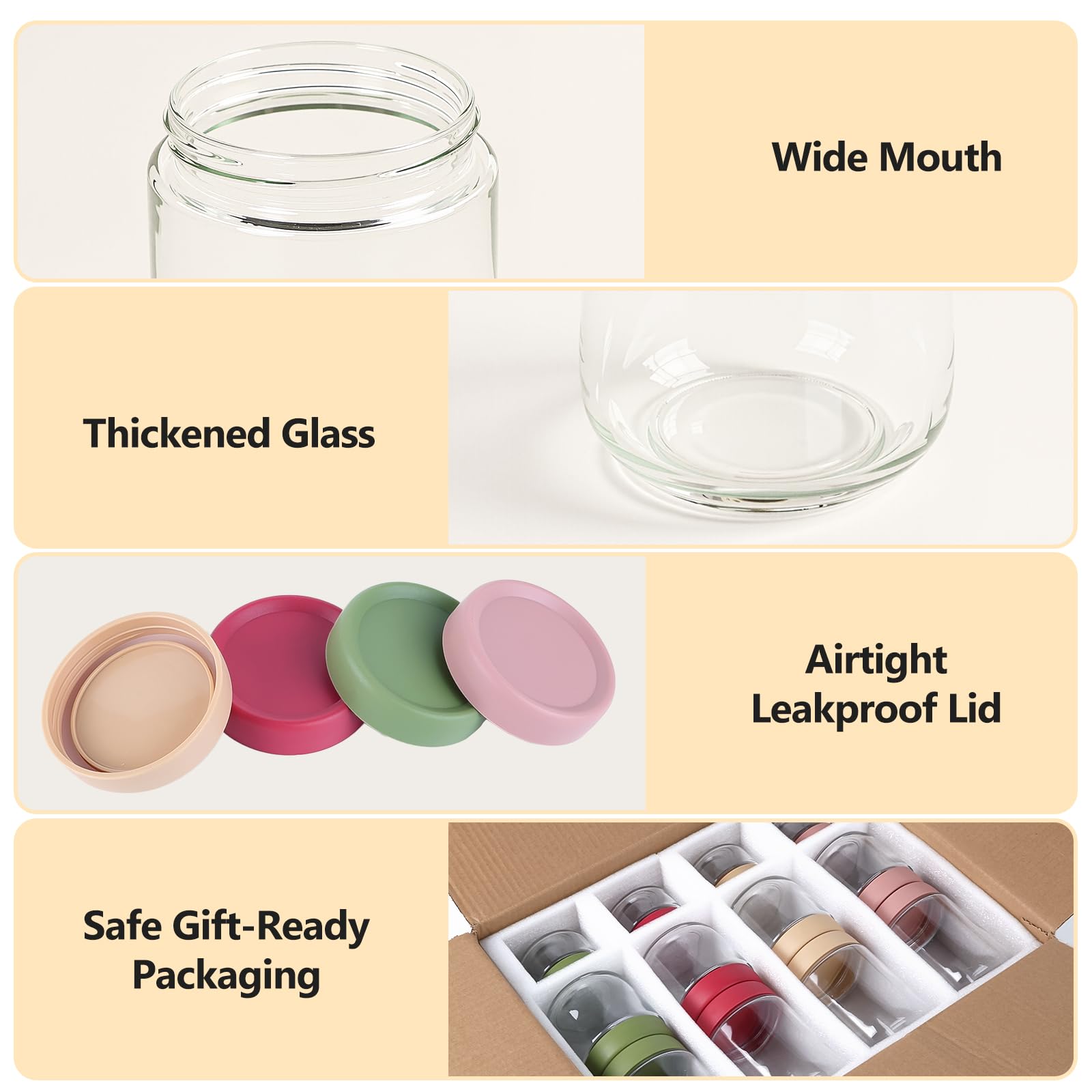 TBWIND 12 Pack 4oz 10oz 16oz Glass Jars with Lids, Wide Mouth Mason Jars, Overnight Oats Containers with Airtight Lids, Salad, Yogurt Storage, Chia Pudding, Snacks, Meal Prep, Sugar - Reusable