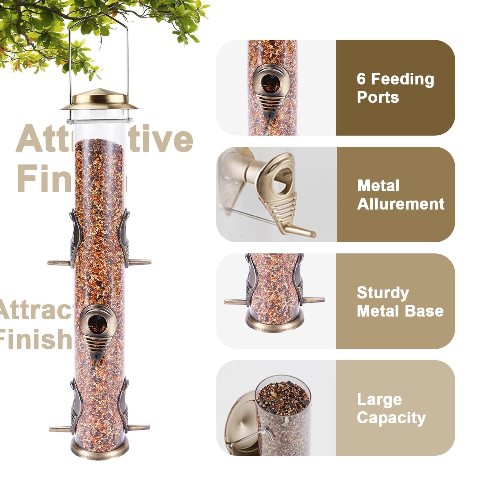 MIXXIDEA Metal Bird Feeder with 6 Feeding Ports, Bird Feeders for Outdoor Hanging, 16 inch Tube Bird Feeder with Steel Hanger & Hard Plastic, Attracting for Wild Birds (Bronze)