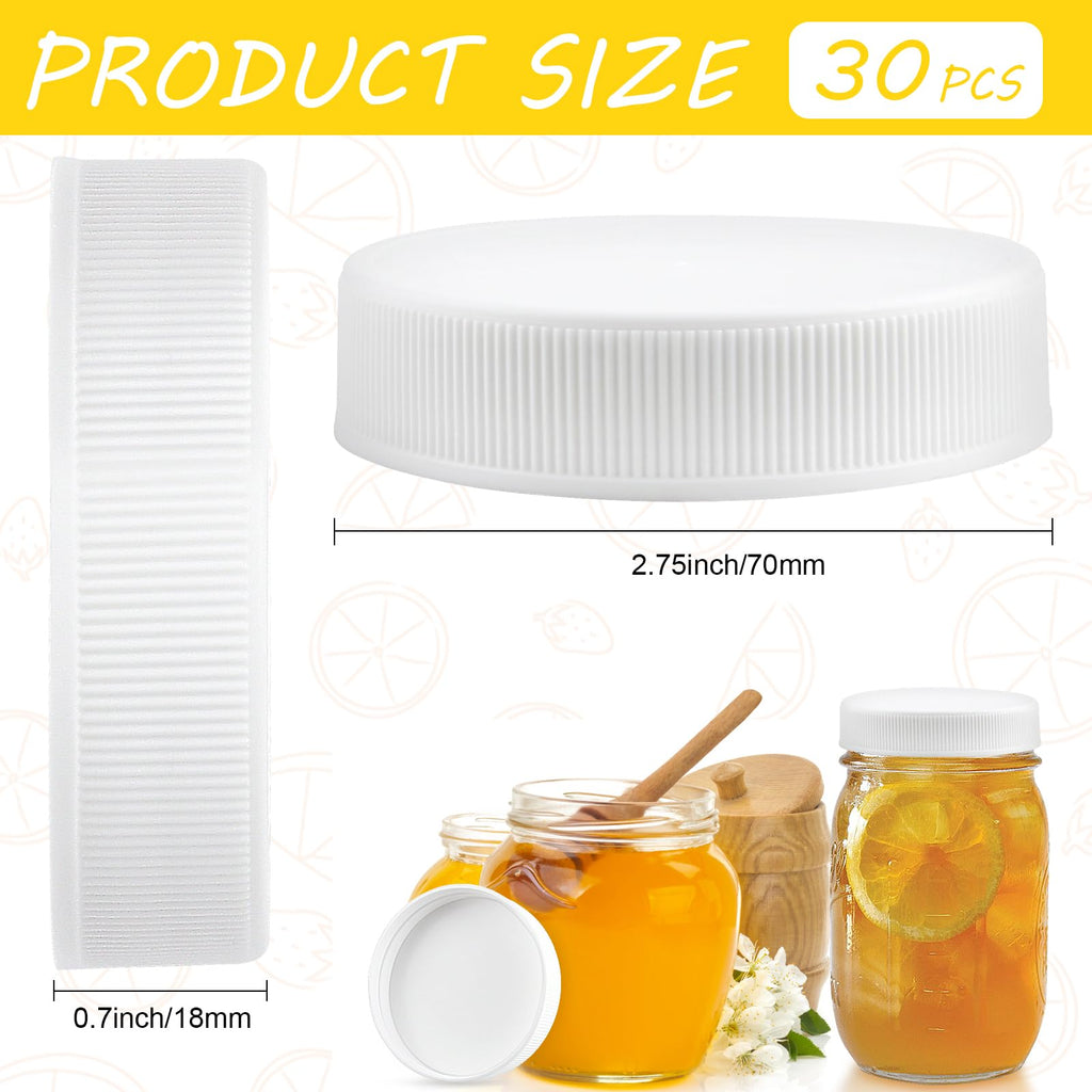 Supkiir 30pcs Plastic Mason Jar Lids, 70mm Food-Grade White Mason Jar Caps, Leak Proof Regular Mouth Mason Jar Canning Lids BPA Free Standard Mason Jar Lid for Kitchen Storage