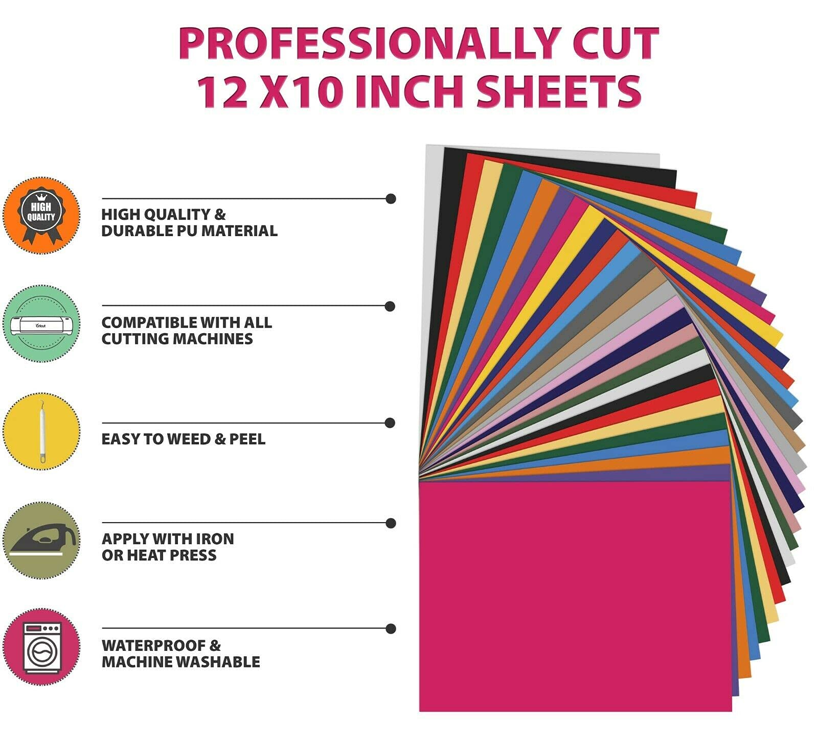 Kassa HTV Assorted Colors Heat Transfer Vinyl: 30 Sheets, 12x10 inches Each; Iron-On or Heat Press Vinyl for T-Shirts, Clothing & Textiles; Includes Teflon Sheet & Weeding Tool for Easy Transfers