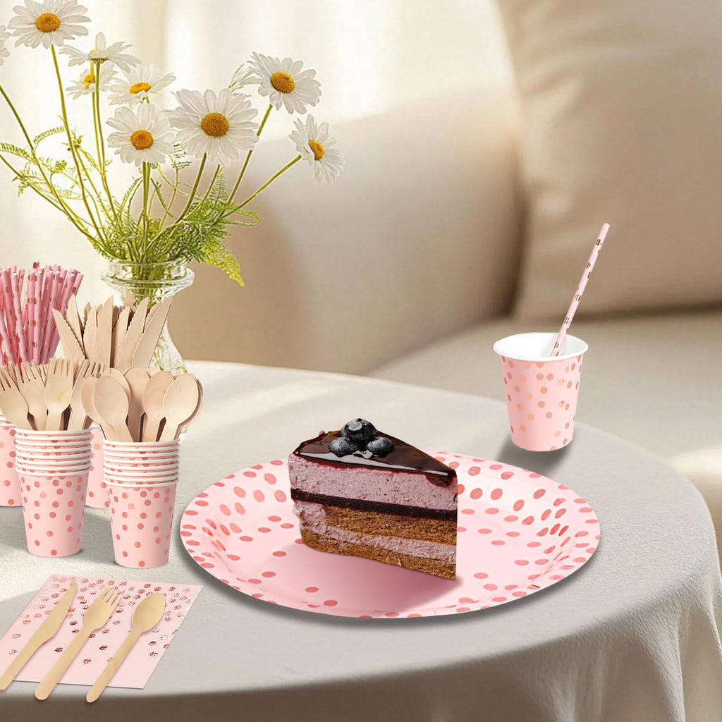 Nkaiso193Pcs Pink and Rose Gold Party Tableware, Party Paper Plates and Cutlery Set Includes Plates Cups Dinnerware Napkins, for Birthday Wedding Babyshower Decorations Supplies-24 Guests
