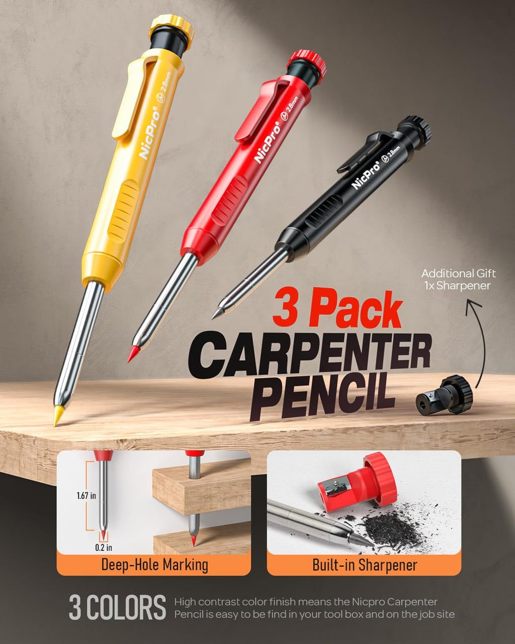Nicpro 3 Pack Carpenter Pencil with Sharpener, Mechanical Carpenter Pencils with 39 Refills, Deep Hole Marker Construction Heavy Duty Woodworking Pencils for Architect (Red, Black, Yellow)- With Case