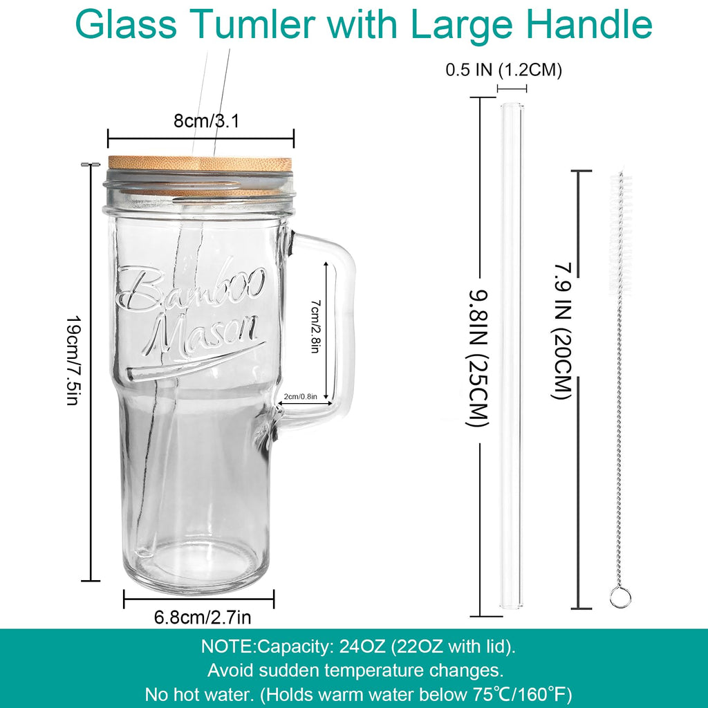 ANOTION Glass Cups with Lids and Straws - 24 oz Tumbler with Handle Halloween Coffee Cups Glass Straws Mason Jar Cups Drinking Set Kitchen Essentials Coffee Bar House Warming Gifts New Home