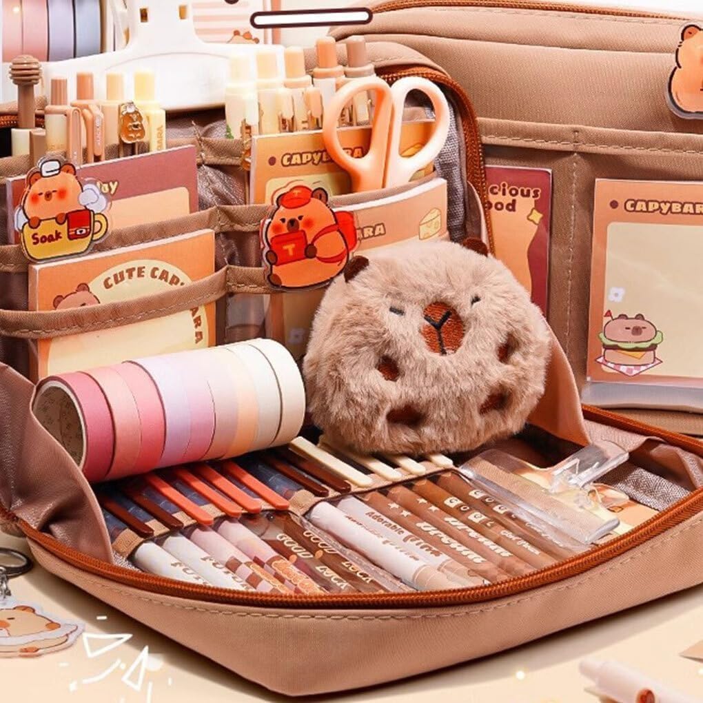 Capybara Pencil Case Stationery Set, Cute Large Capacity Pen Pouch Holds 120 Pens with 12-Layer Design, Complete Back to School Supplies Kit for Middle School Students, Accessories
