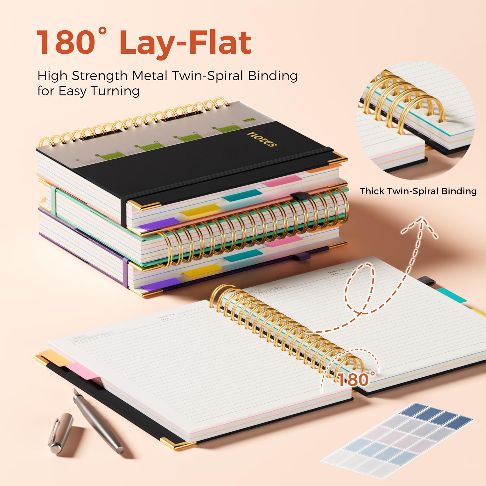 XYark Line Hardcover Spiral Notebook with Removable Dividers Tabs & Ruler, 5 Subject Notebook College Ruled, 300 Page, Large 8"x10" B5 Notebooks for Work School, Lined Journal for Women & Men, Black