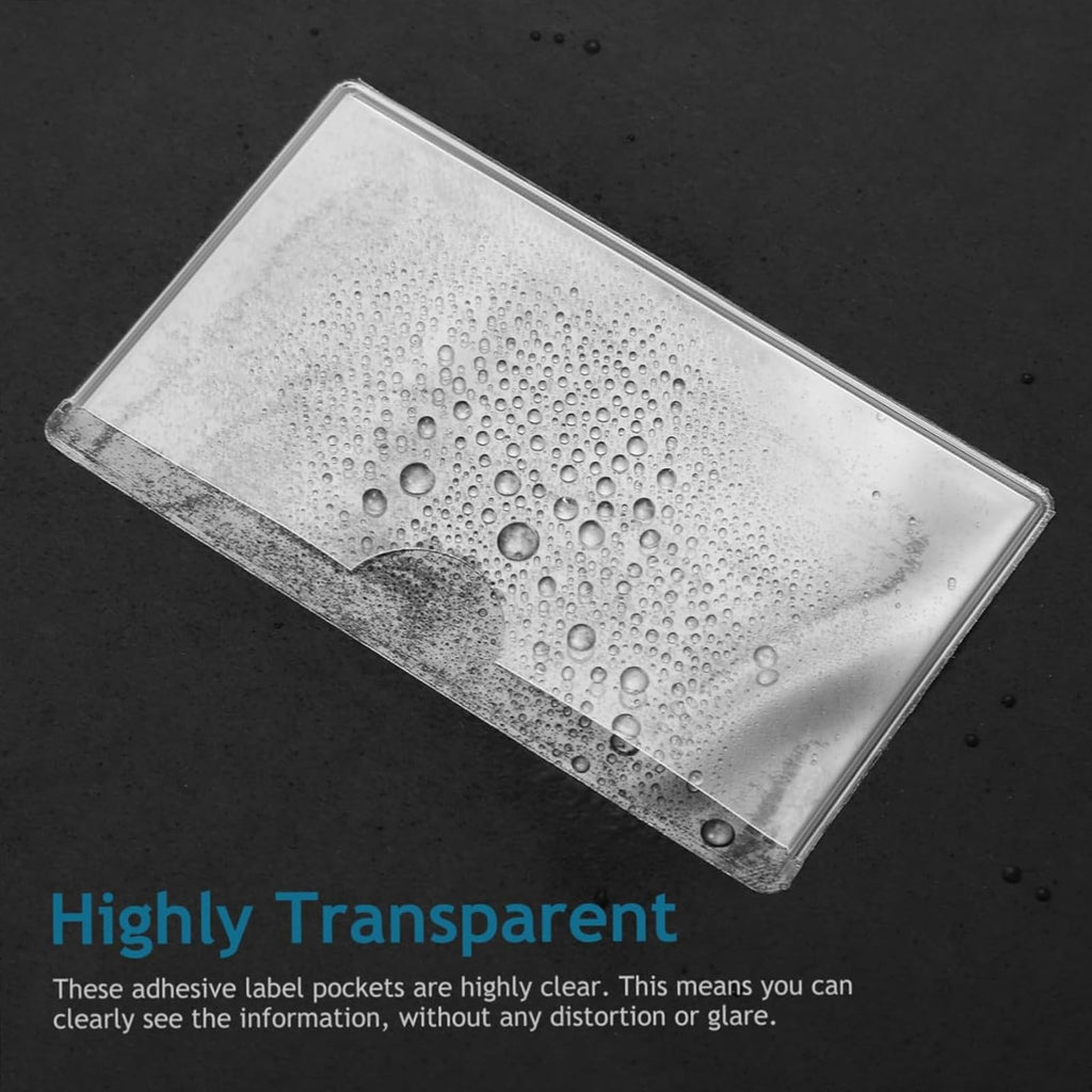 100Pcs Heavy Duty Clear Adhesive Index Card Pockets Holder, 2.36"x3.93"(6x10cm) Top Loading Self Adhesive Label Holders for Storage Bins, Office Home School Organization