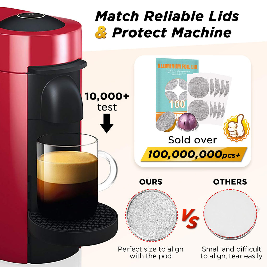CAPMESSO Reusable Vertuo Pod Refill Kit, 2024 Newest Design for Faster Seal Reusable Nespresso Vertuo Pods with Fill & Press Brush,100pcs Aluminum Foil Lids for Refillable Nespresso Pods Vertuo