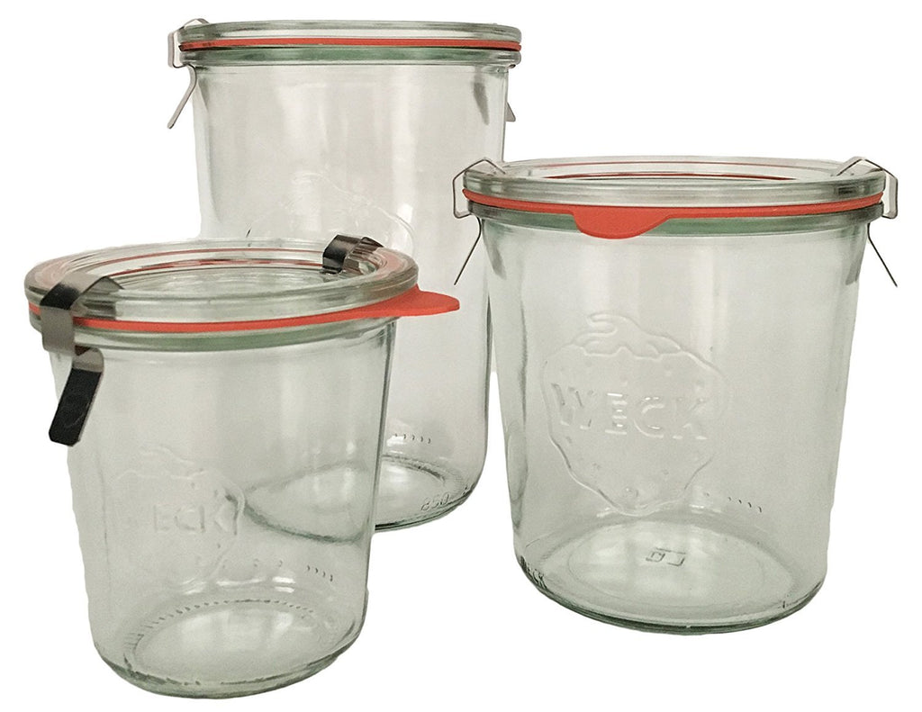WECK Mold Jar Combo Pack- (1) 900, (1) 742, (1) 743, (3) glass lids, (3) rubber rings and (6) clamps