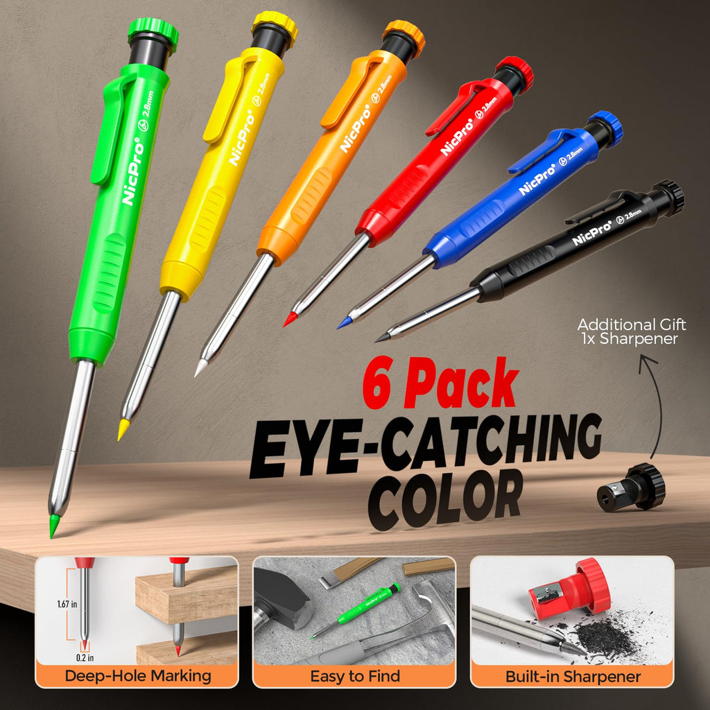 Nicpro 6 Pack CP1000 Carpenter Pencils with Sharpener, 66 Refills with 3 PCS Deep Hole Long Nib Marker Pens, Ceramics Glass Multi-Material Surface Woodworking Tools Construction for Architect Marking