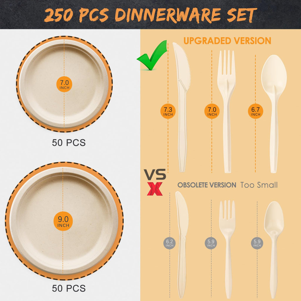Gezond 250pcs Disposable Paper Plates Set Compostable Party Supplies, Biodegradable Dinnerware Include Paper Plates, Napkins, Utensils for Party Camping Picnic, 50 Each
