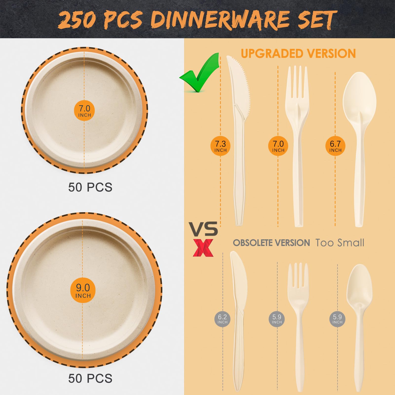 Gezond 250pcs Disposable Paper Plates Set Compostable Party Supplies, Biodegradable Dinnerware Include Paper Plates, Napkins, Utensils for Party Camping Picnic, 50 Each