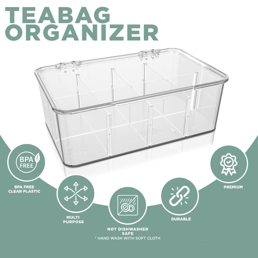 Kichly 3 Pack Tea Bag Organizer - Stackable Acrylic Tea Bag Organizer with Clear Plastic Storage for Kitchen & Pantry, Perfect for Coffee Packets, Sugar, Snacks, Herbs, and Spices (Clear)