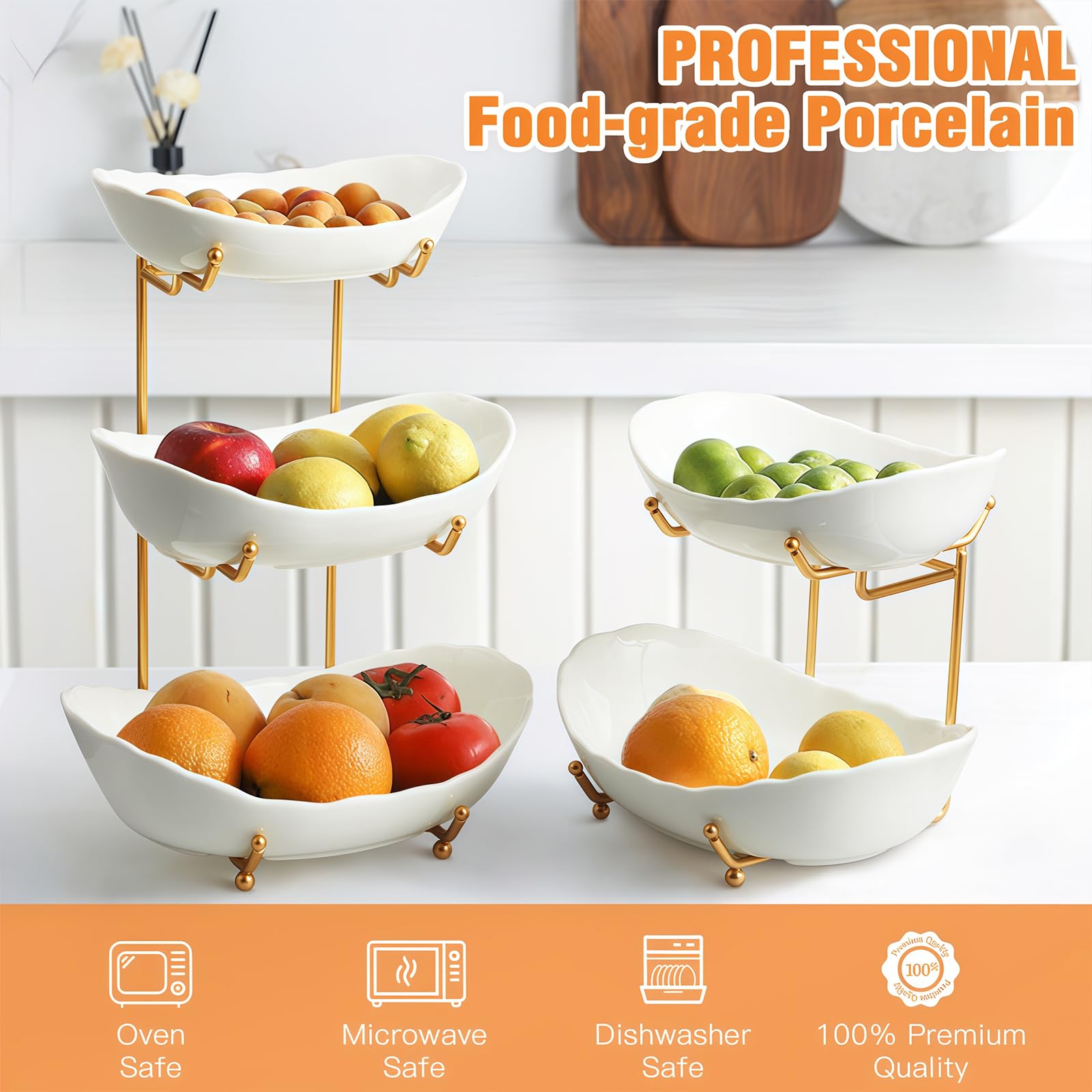 HOMKULA Fruit Bowl for Kitchen Counter - 2 Tier Ceramic Serving Bowls with Metal Stand, Tiered Fruit Basket for Fruit Vegetable Storage, Snack, Nuts, Cake, Dessert, Small & Cute (Gold&White) 1