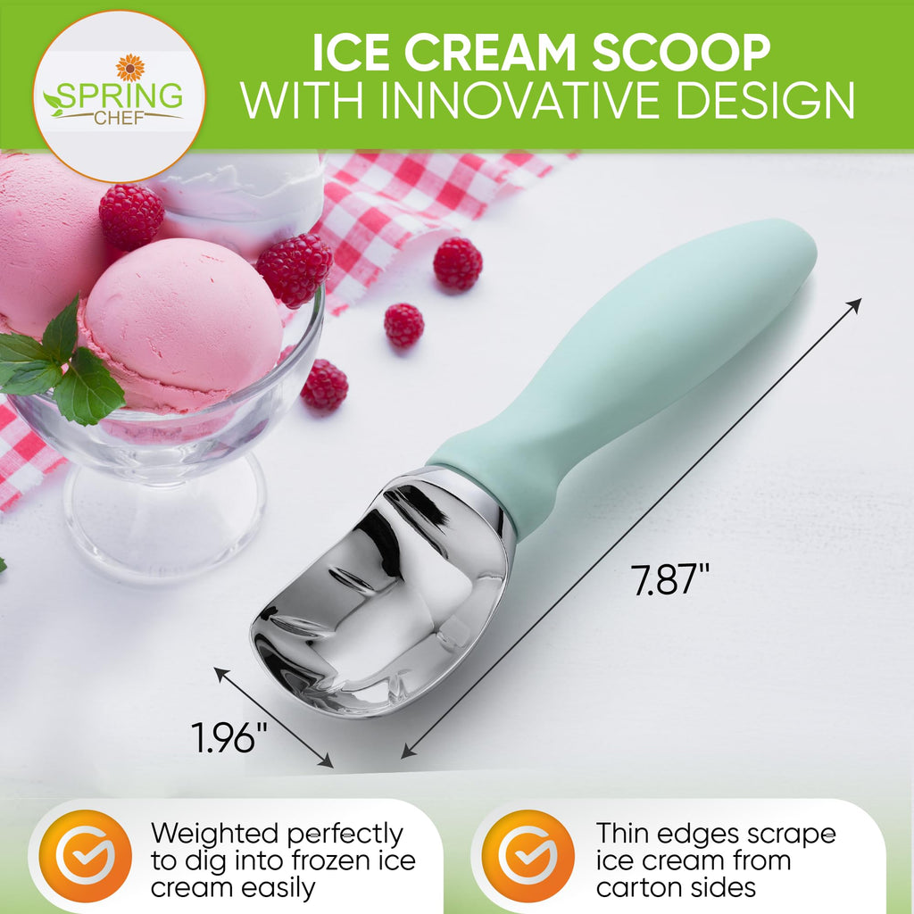 Spring Chef Ice Cream Scoop with Comfortable Handle, Professional Heavy Duty Sturdy Scooper, Premium Kitchen Tool for Cookie Dough, Gelato, Sorbet, Mint