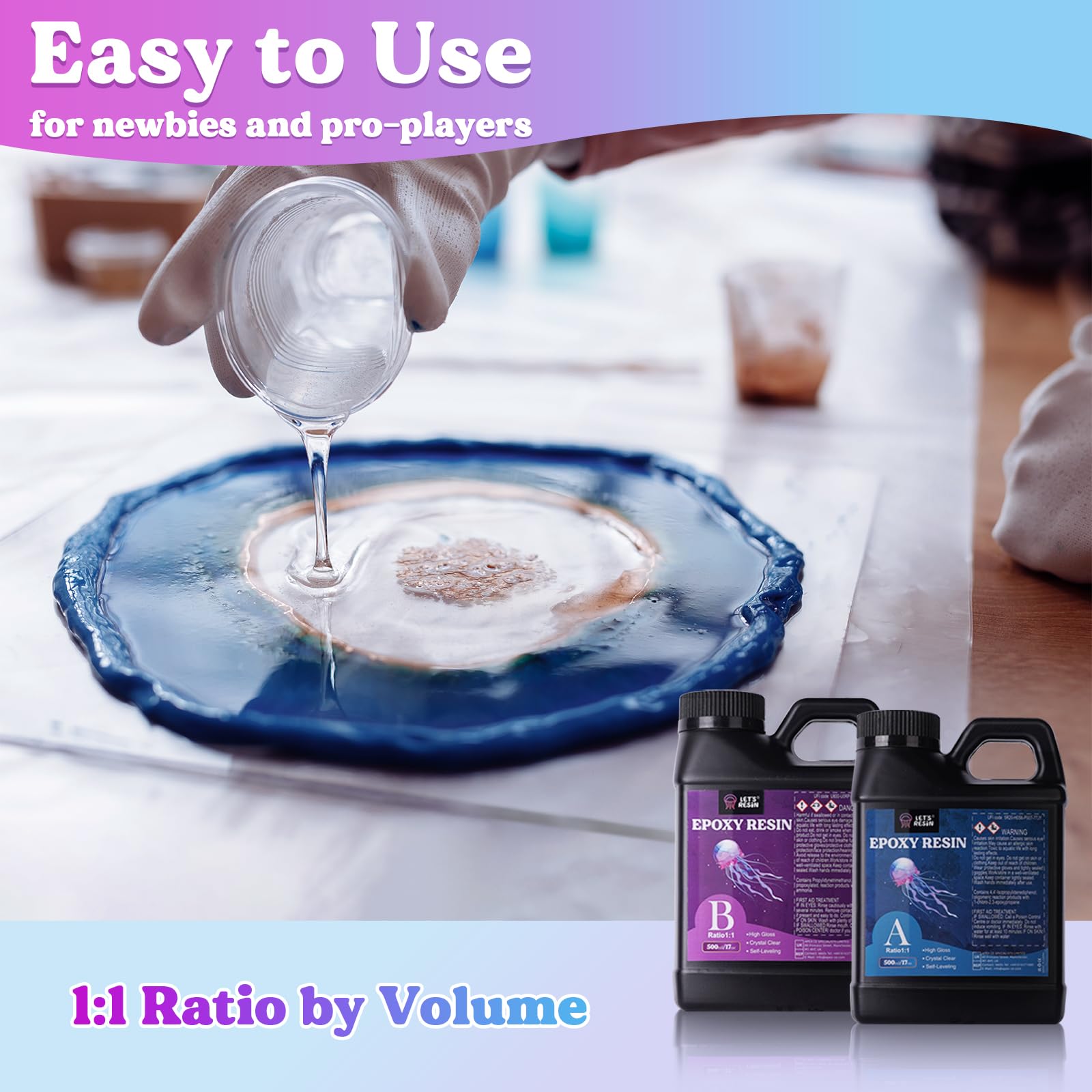 LET'S RESIN Casting Epoxy Resin Kit, 1L(34oz) Crystal Clear & Bubble Free Epoxy Resin and Hardener, High Gloss Resin Kit for DIY Art, Mould Casting, Wood, Jewellery Making, Coasters, Table Top