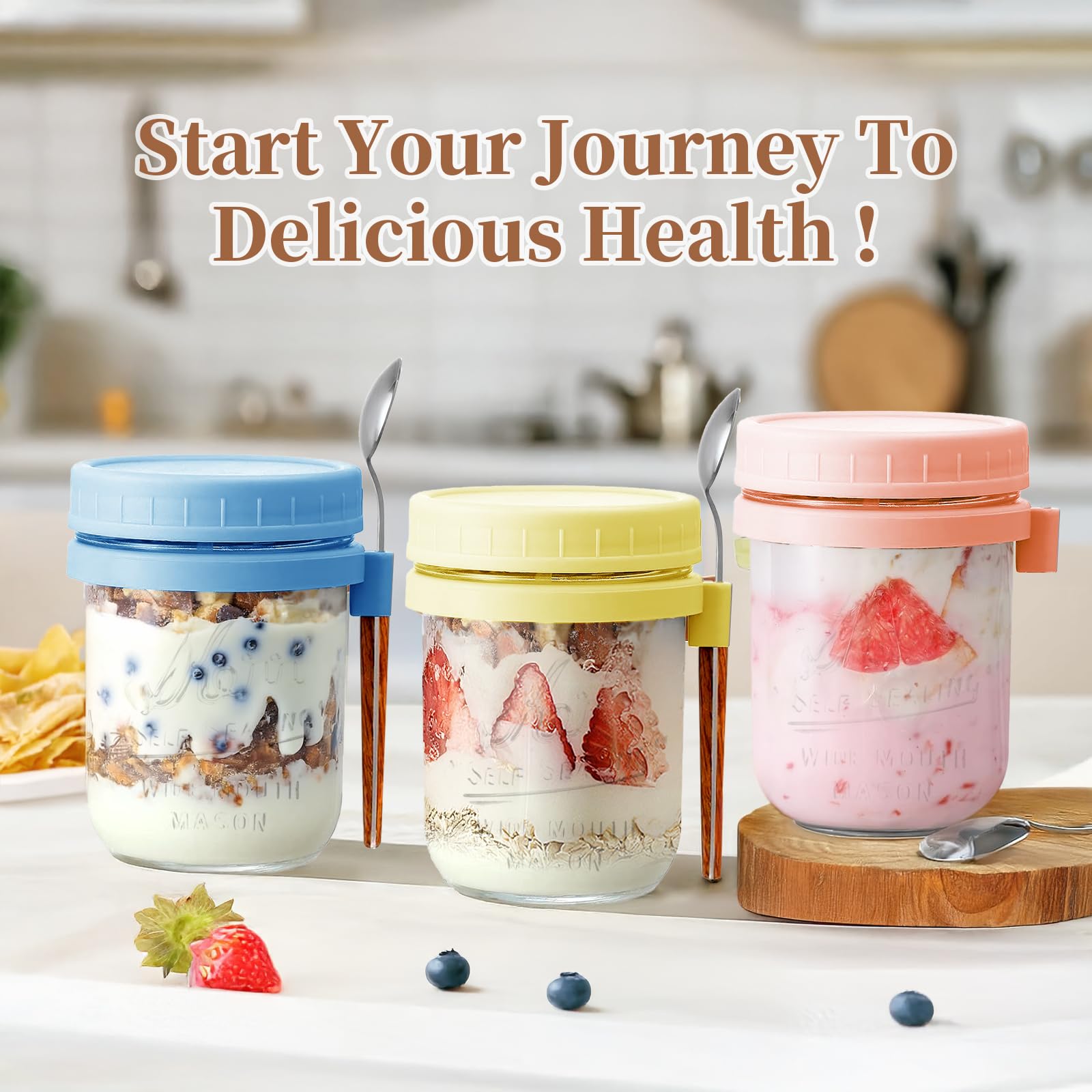 AsstarJTK 6 Pack Overnight Oats Containers with Lids and Spoons - 16 Oz Glass Mason Jars for Overnight Oats Airtight Jars Leak Proof Oatmeal Container Meal Prep Jar for Yogurt,Milk,Cereal,Fuirt,Salad