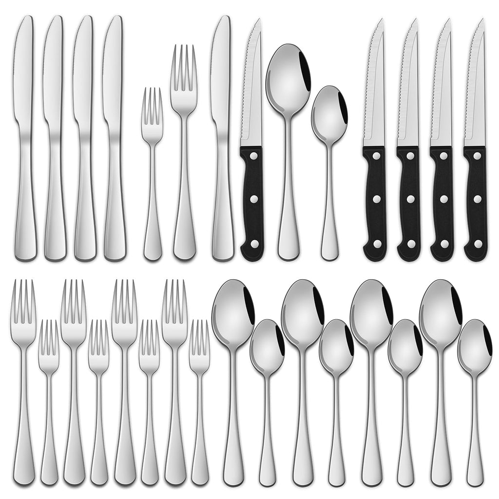 24-Piece Silverware Set with Steak Knives, Flatware Set Service for 4, Food-Grade Stainless Steel Cutlery Set, Includes Knife Spoon and Fork, Mirror Finished Utensil Sets for Home Restaurant