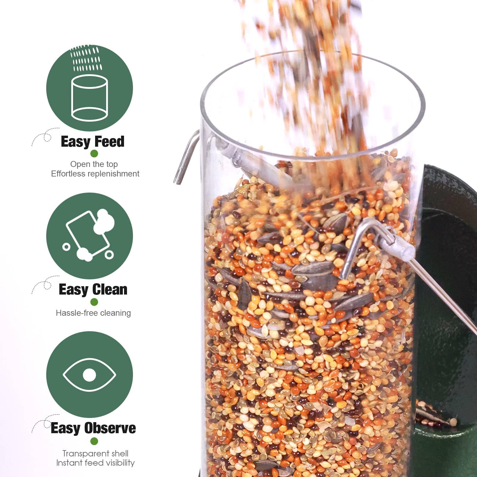 ERYTLLY Metal Bird Feeders 6 Port Tube Bird Feeder for Wild Birds, 1.4mm Extra Thick Solid Tube Transparent with Steel Hanger Bird Feeders Squirrel Proof for Outside Green