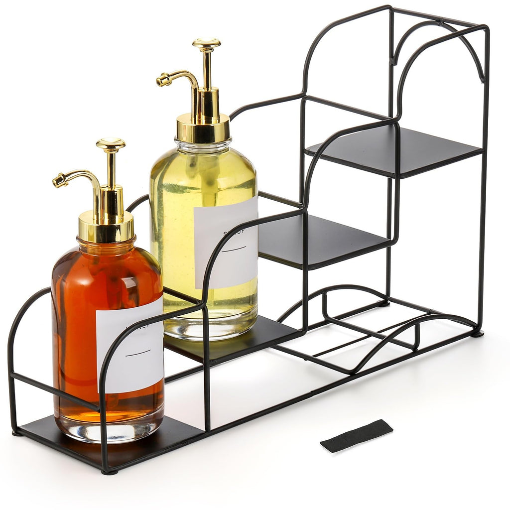 Noamus 4-Tier Syrup Bottle Holder, Iron 4 Compartment Bottle Organizer Rack, 16" Countertop Display Storage Shelf Bottle Stand, Metal Coffee Bar Organizer for Dressing, Wine, Juice, Kitchen, Black