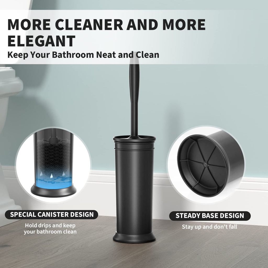 UPTRONIC Toilet Brush, Toilet Bowl Brush with Extra Long Handle Durable Bristles Toilet Scrubber and Covered Holder for Toilet Brush Set for Bathroom Cleaning (Black-02)