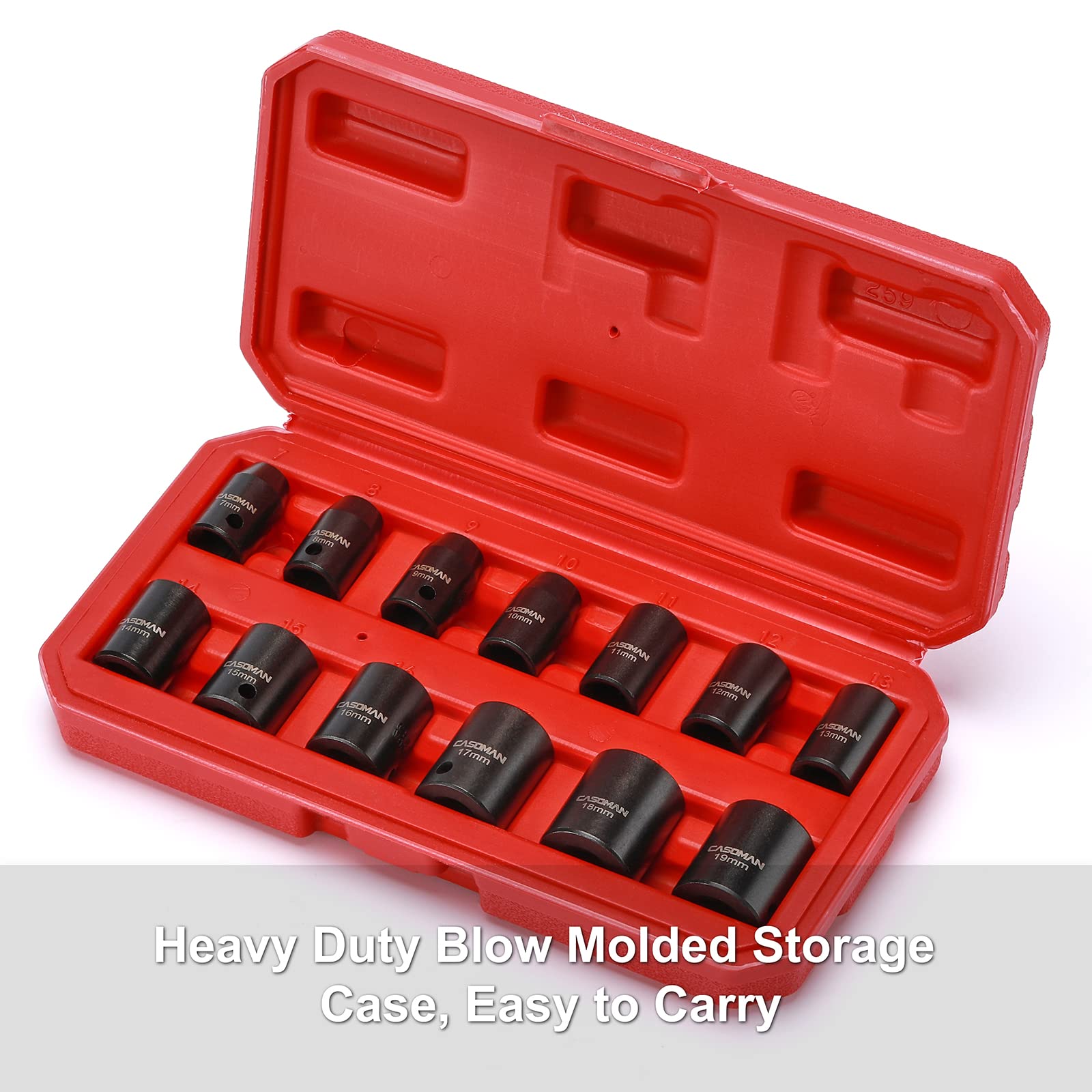 CASOMAN 13 Pieces 3/8-Inch Drive Impact Socket Set, 6-Point, Metric, Shallow, CR-V, 7mm to 19mm, Heavy Duty Blow Molded Storage Case