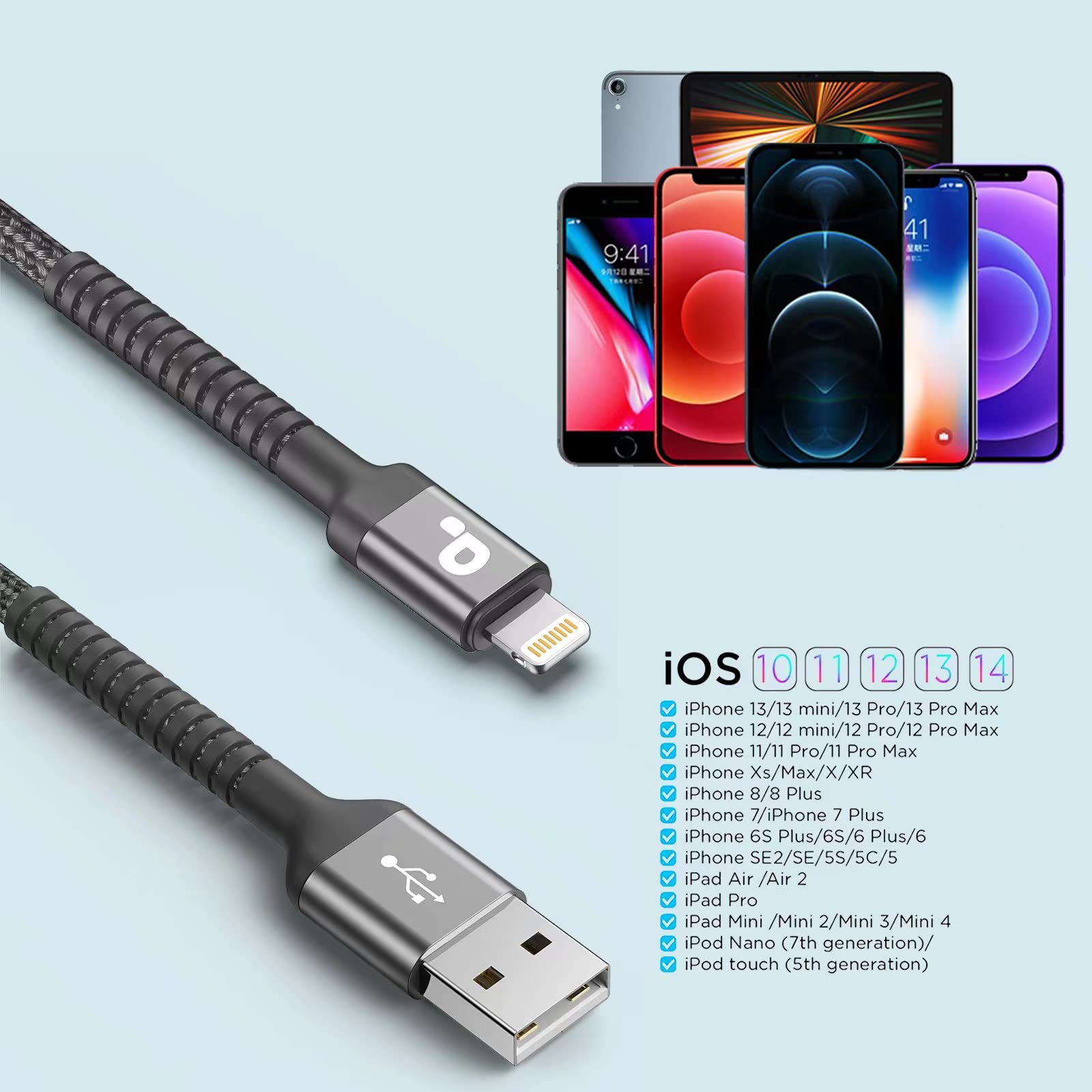 10FT iPhone Charger Cable, 2Pack MFi Certified Apple Lightning Cable, Long Fast Charging Cord Compatible with iPhone 12 11 Pro Max Mini XS XR X 10 8 7 Plus 6s 6 SE 2020 iPad (Grey)