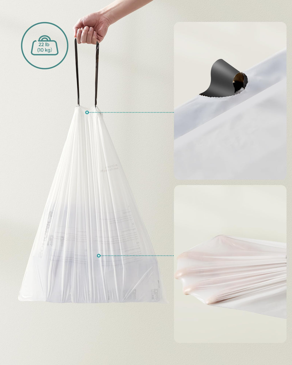 SONGMICS Trash Bags for 4-5.3 Gallon (15-20 L) Trash Cans, Drawstring Kitchen Garbage Bags, Pre-Separated, Liner Code 020A01, 2 Rolls, 80 Count, White UKRB020A02