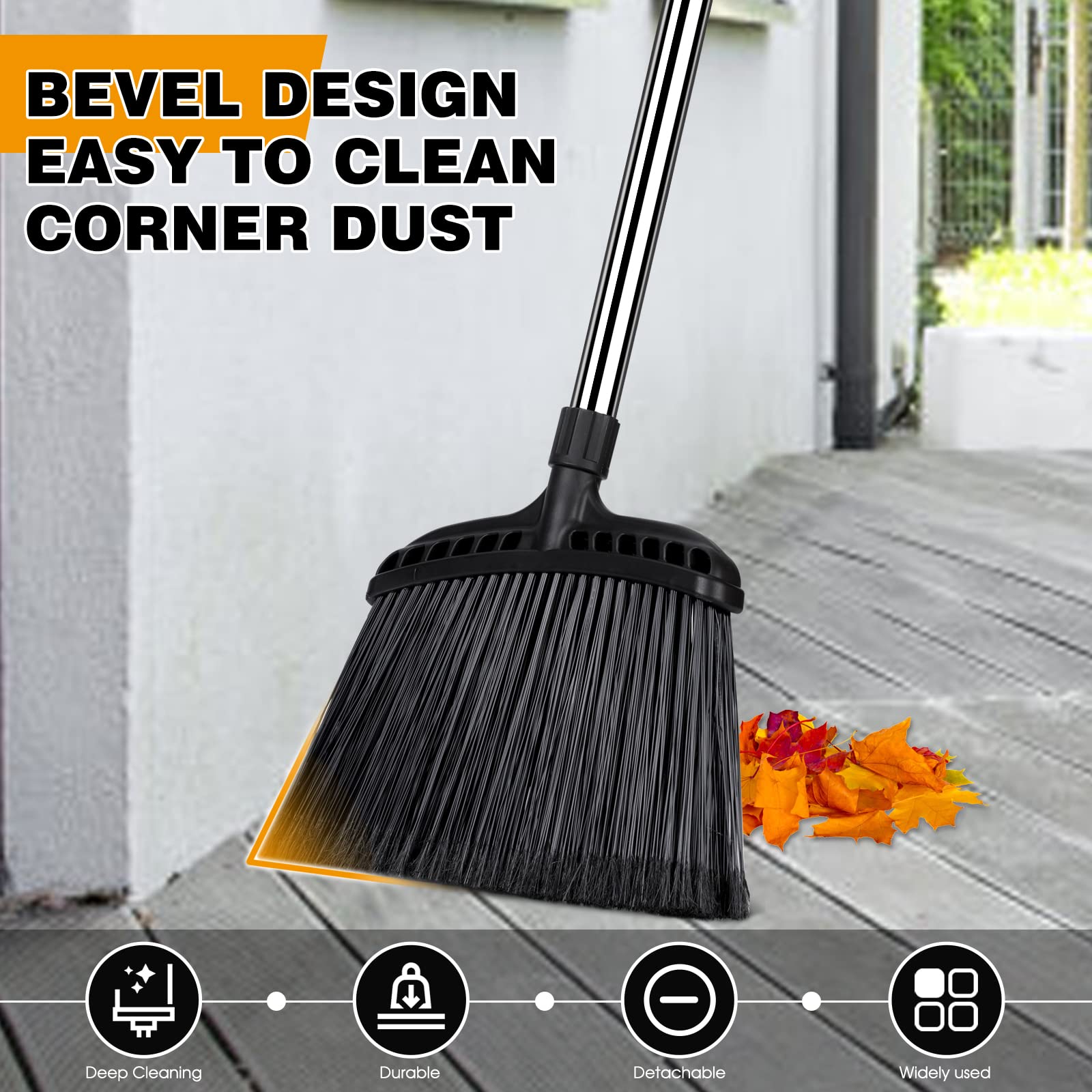 Almcmy Outdoor Broom, Commercial Heavy Duty Broom with Stainless Steel Handle, Angle Broom for Sweeping Indoor Lobby Home Garage Kitchen Office Courtyard Lawn Concrete - Black