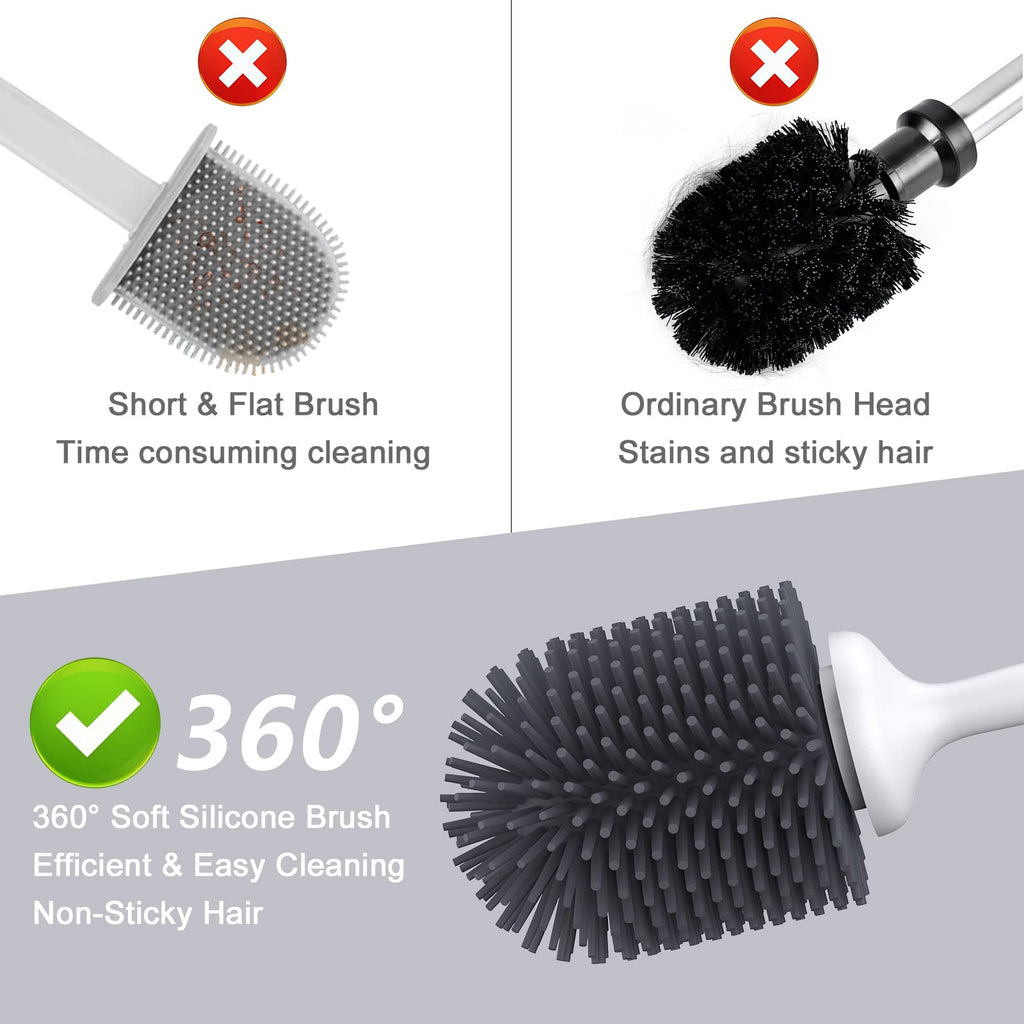 Lefree Silicone Toilet Brush and Holder 1 Pack, Toilet Bowl Cleaner Brush Set with Quick Drying Ventilated Base,Wall Mounted or Floor Standing, Grey