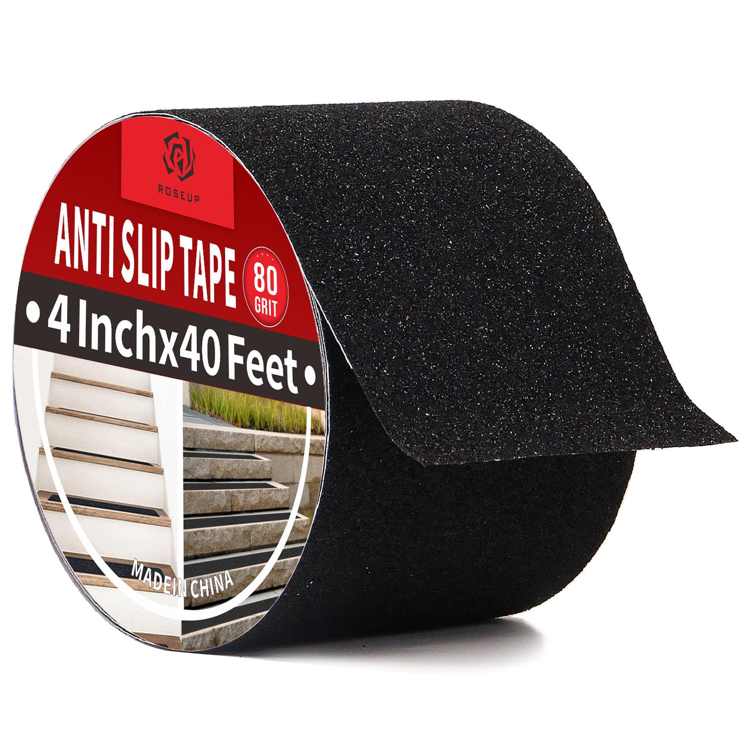 ROSEUP 4" x 40Ft Heavy Duty Anti Slip Tape for Stairs Outdoor/Indoor Waterproof Grip Tape Safety Non Skid Roll for Stair Steps Traction Tread Staircases Non Slip Strips, Black