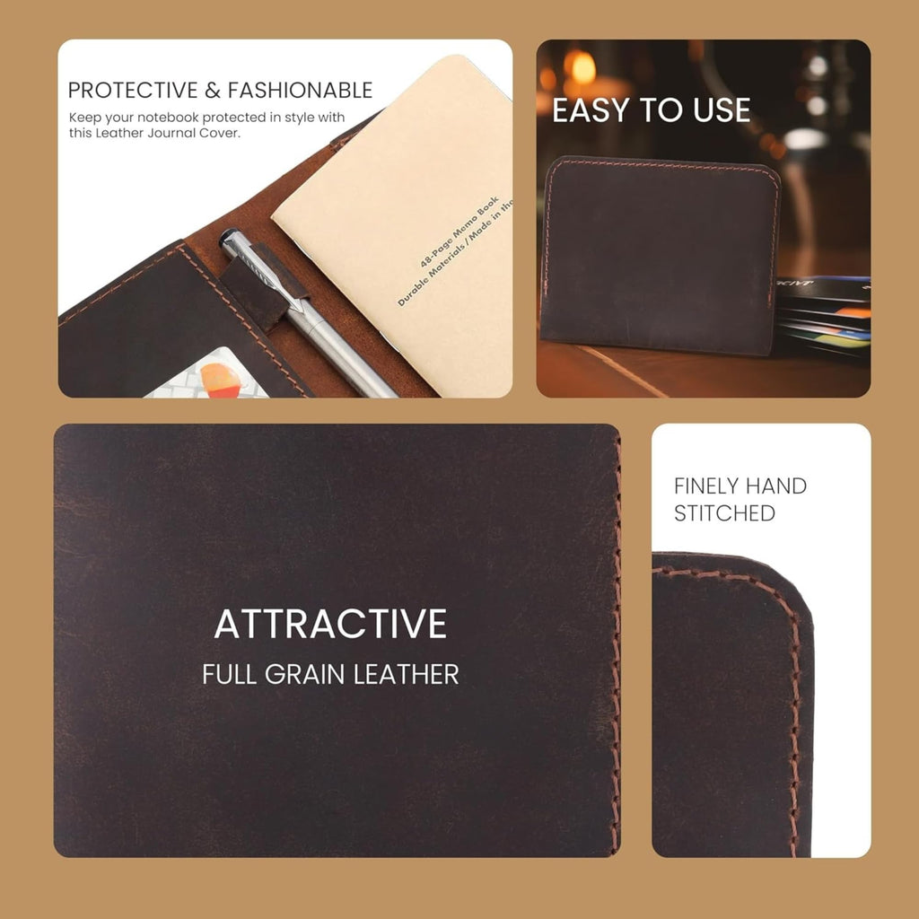 CestAntiQ, Leather Journal Cover for Field Notes, Notebook Cover for Moleskine Cahier Journal Leather Field Notes Cover, Wallet Case, (3.5 x 5.5 in.) Journal Cover Cards Slot / Refillable Travelers Pocket Notebook Handmade Leather Cover with Pen Holder ::