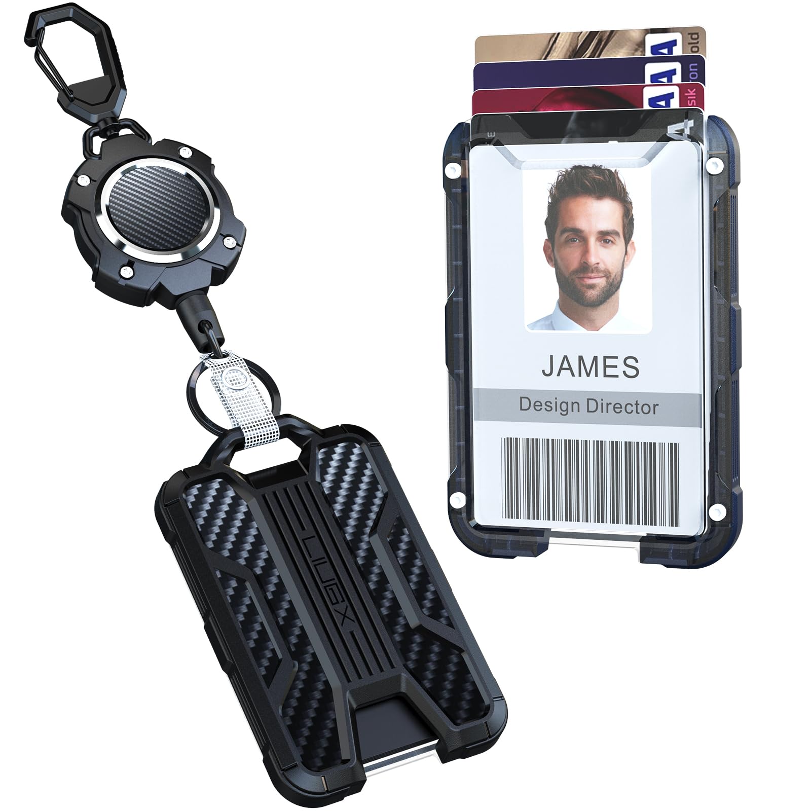 LIUGX Retractable Badge Holders, Heavy Duty Carabiner Keychain,Durable ID Card Holder (Holds 4 Cards), Carbon Fiber-Texture, with 31.5”Badge Reel Key Chain, 10,000+ Rebound, Silver-Black
