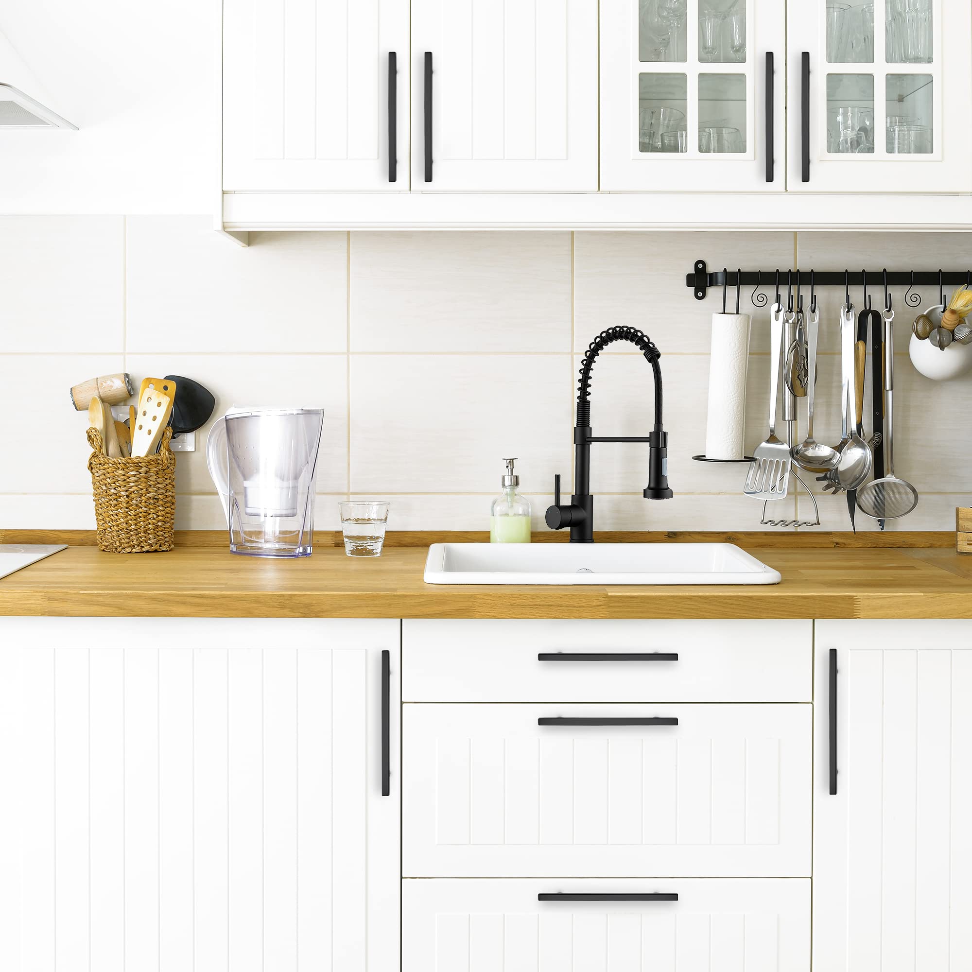 Ravinte 5 Pack 10" Square Cabinet Pulls Matte Black Stainless Steel Kitchen Cupboard Dresser Handles Cabinet Handles 10" Length, 7-1/2" Hole Center